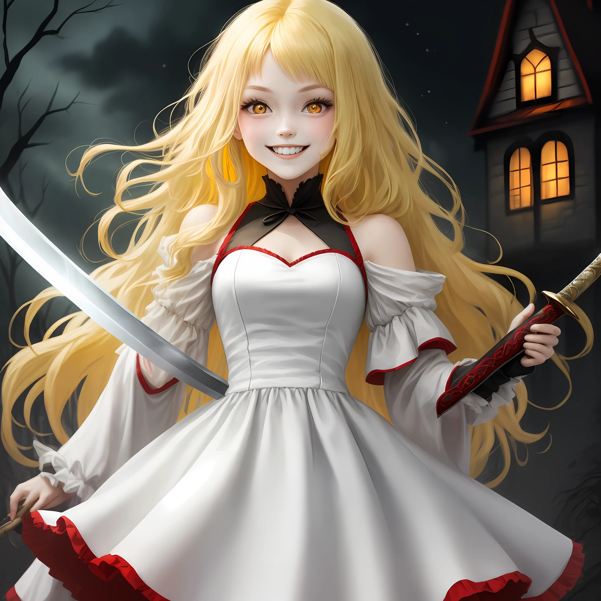 Girl with long yellow hair，red pupils，Wearing a white dress，Spooky smile，Holding a long sword