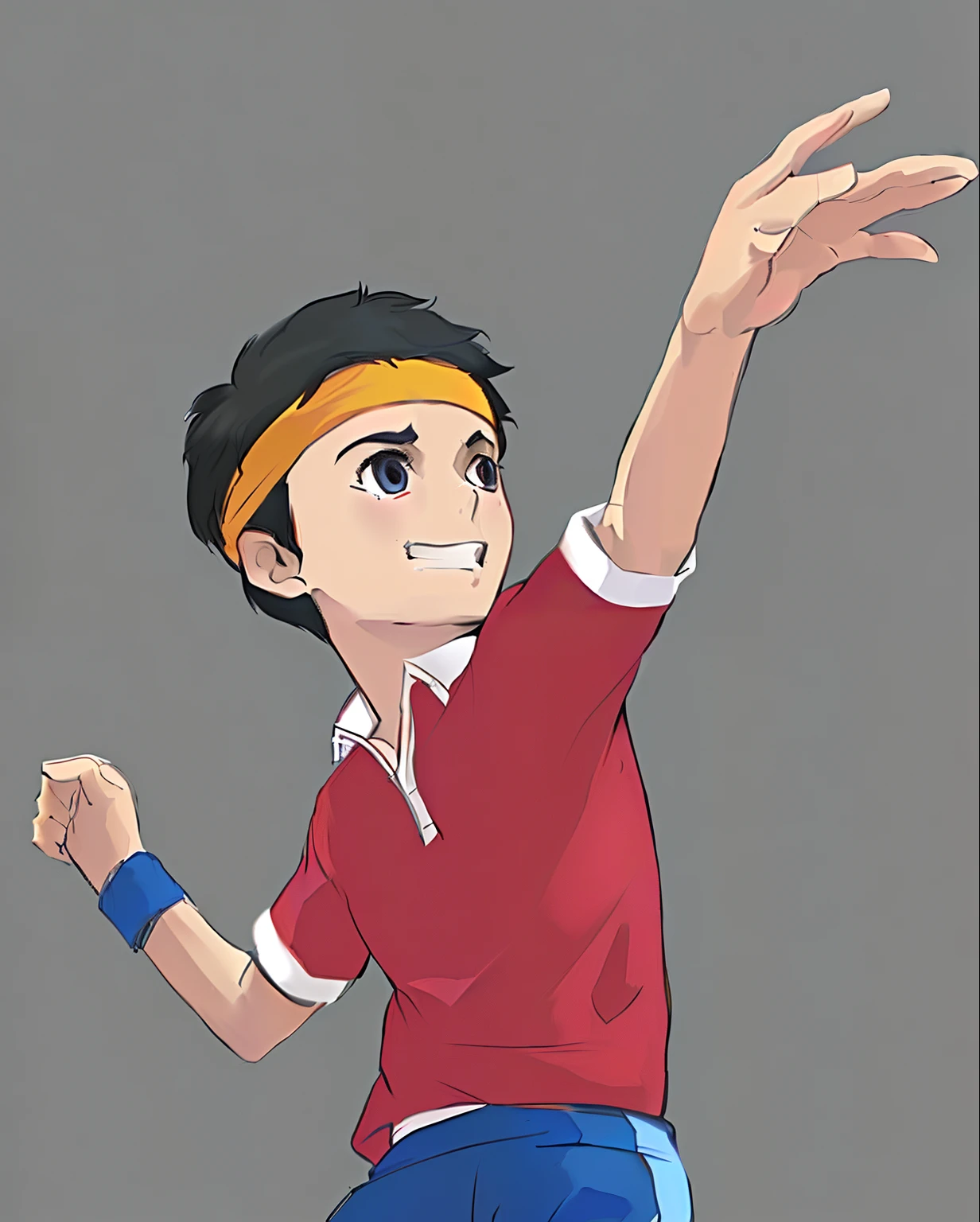 Cartoon boy holding tennis racket in hand,Tennis in the air, inspired by Junpei Satoh, inspired by Un'ichi Hiratsuka, High-quality fanart, akihiko yoshida!, kentaro miura manga art style, kentaro miura art style, official fanart, kentaro miura manga style, author:New Art, offcial art, anime style character