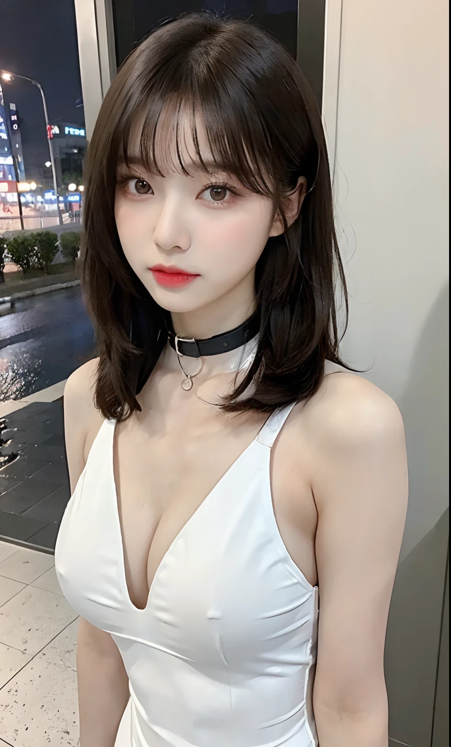 Korean woman in competition swimsuit, , brown hair, (small breasts:0.75), huge areola ,(((areola slip))),((puffy areolae)),((sideboob)),(((collar))), cleavage mole, belly, Korean girl, beautiful south Korean woman, gorgeous young Korean woman, beautiful young Korean woman, asian girl with long hair, young adorable Korean face, portrait of female Korean idol, Korean woman, messy hairstyle, popular Korean makeup, popular south Korean makeup, cityscape, night, (8k, RAW photo, best quality, masterpiece: 1.45), (nsfw:1.25), ulzzang, ulzzang-6500-v1.1, pureerosface_v1,