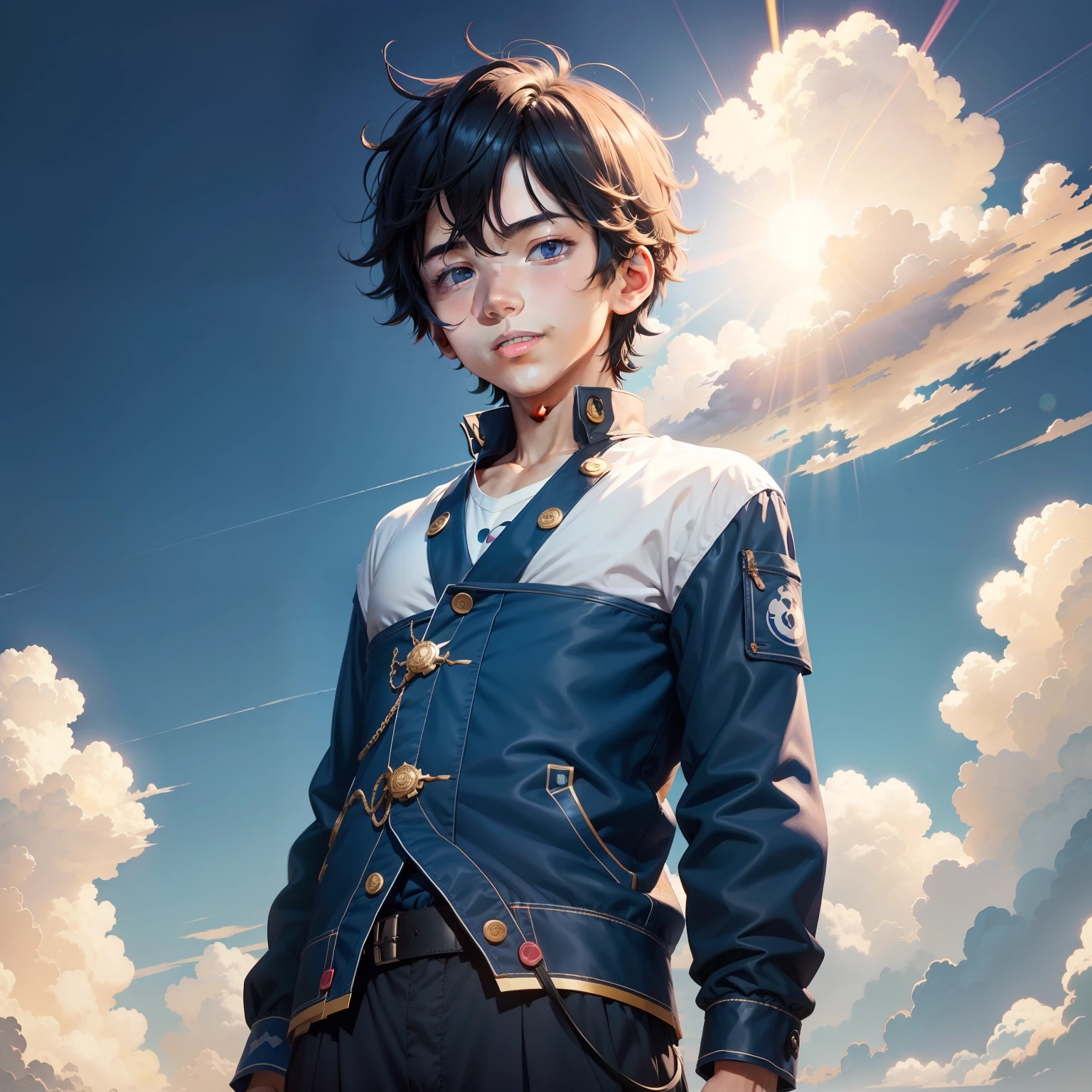 A boy,The upper part of the body,Anime sketch style,draft,tmasterpiece,professinal,ren,ssmile, Direct sunlight,Colorful clouds,Multi-colored clouds,Sky cloud background, big breasts beautiful, downy, Indigo color, flatillustration, Highly detailed and clean, Vector Image, isometry, Bright vector,