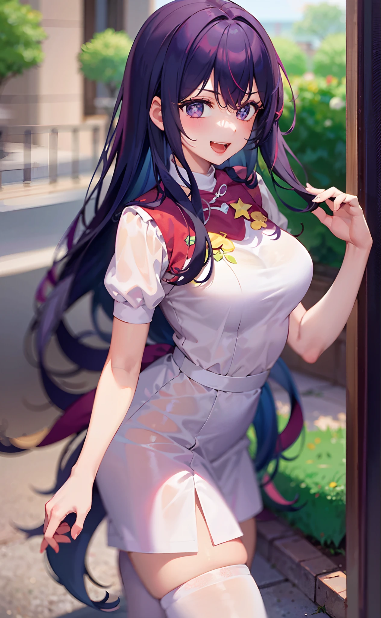 1girll,((There is a five-pointed star in the eye))Gorgeous Hair in Long Purple,Smile,Open mouth,on cheongsam,natta,Plaza,white stockings