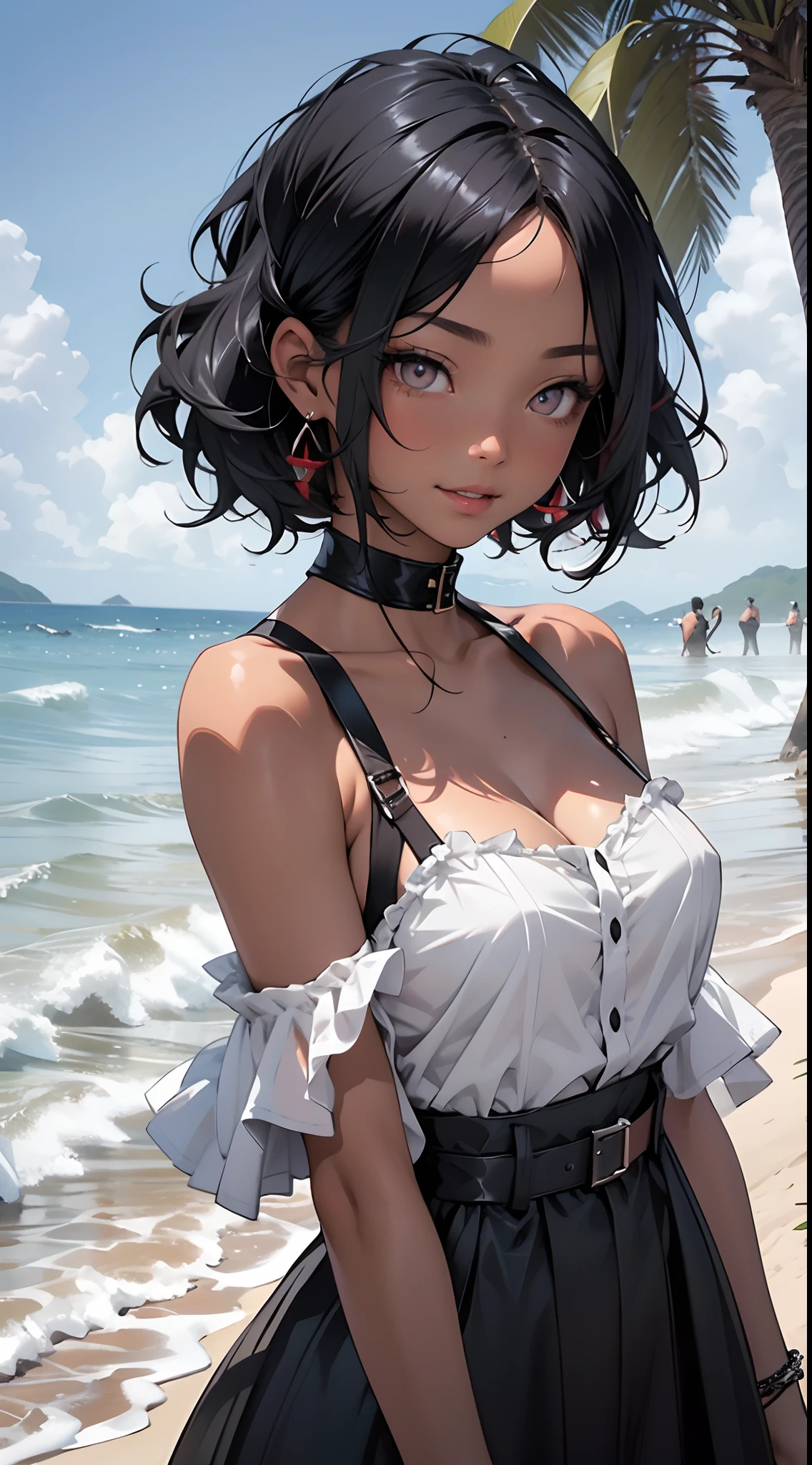 tmasterpiece， Best quality at best， beautidful eyes，Black pupils，Be red in the face，Black color hair，（black-skinned）Black skin， 1girll， 独奏，white camisole，cleavage，（The shoulder straps slip off：1.5）， with short white hair，Off-the-shoulder attire，Insufficient tailoring， Hair is more than one eye，sea beach，The skin is translucent，Close-up shot，ssmile，looks into camera，Close up，Translucent red lips