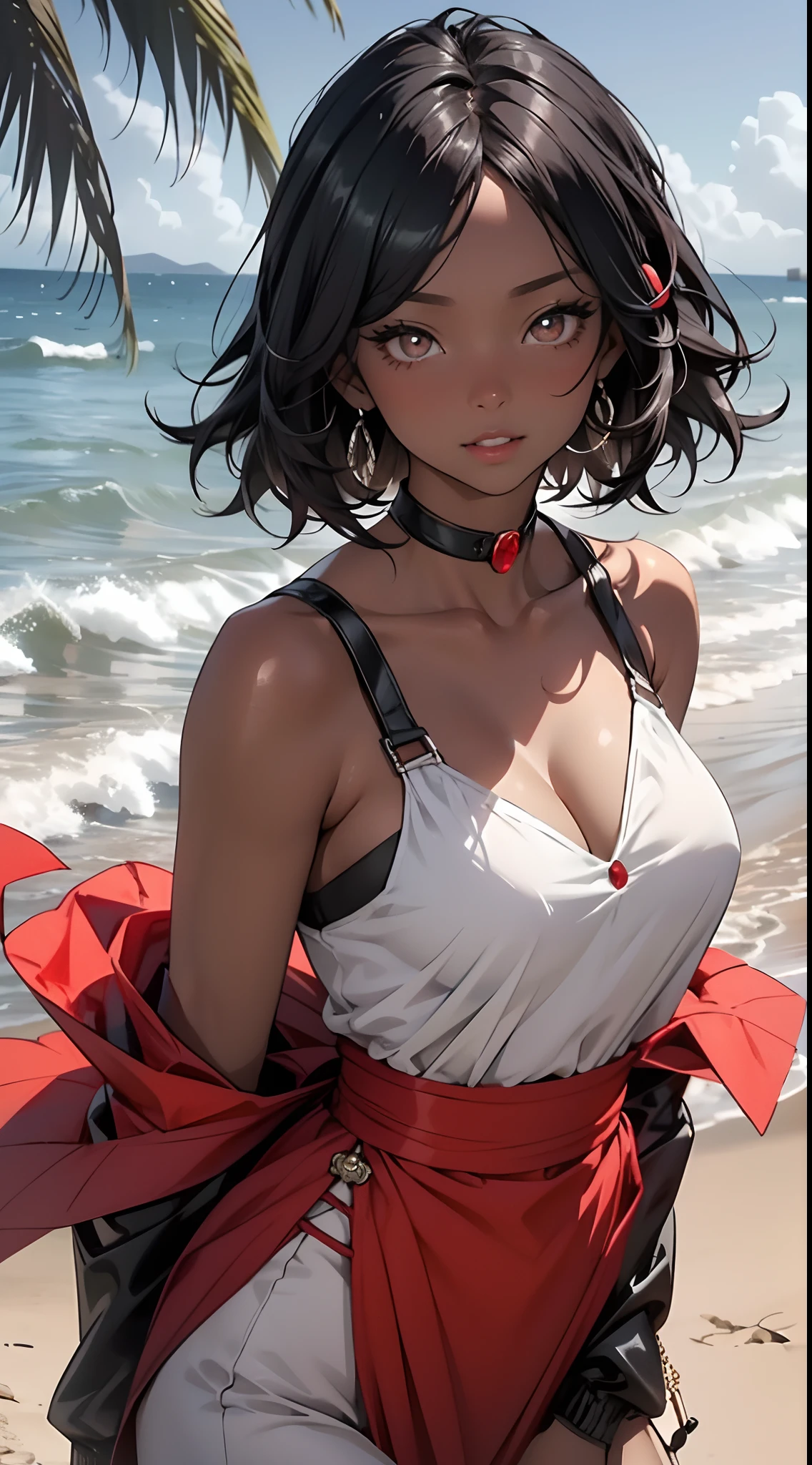 tmasterpiece， Best quality at best， beautidful eyes，Black pupils，Be red in the face，Black color hair，（black-skinned）Black skin， 1girll， 独奏，white camisole，cleavage，（The shoulder straps slip off：1.5）， with short white hair，Off-the-shoulder attire，Insufficient tailoring， Hair is more than one eye，sea beach，The skin is translucent，Close-up shot，ssmile，looks into camera，Close up，Translucent red lips