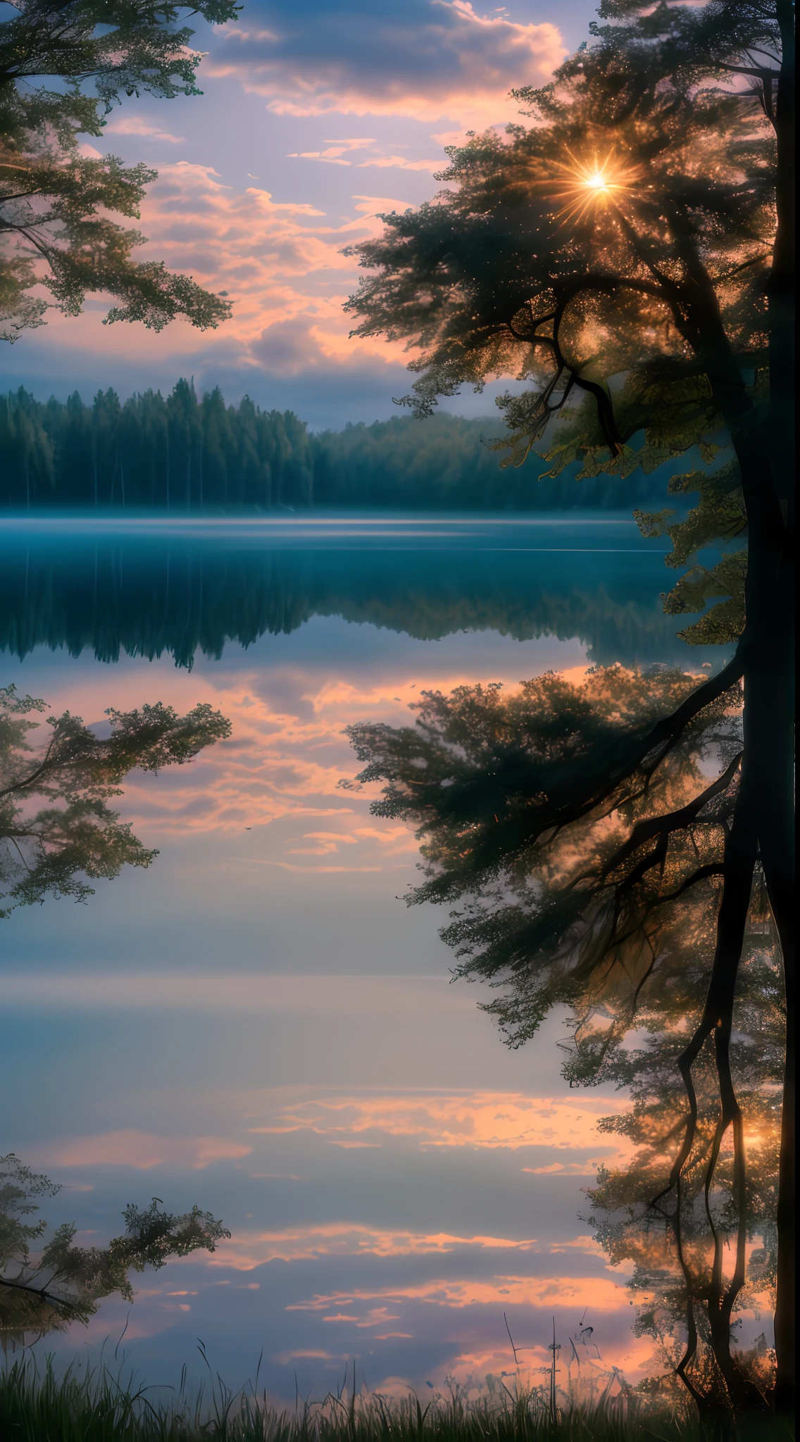 Wallpaper, summer, lake, dawn, forest, clouds, dawn background, depth of field, HD detail, hyperdetail, cinematic, soft light, deep field focus bokeh, ray tracing, diffuse (ultra-fine glass reflection) and realism. --v6