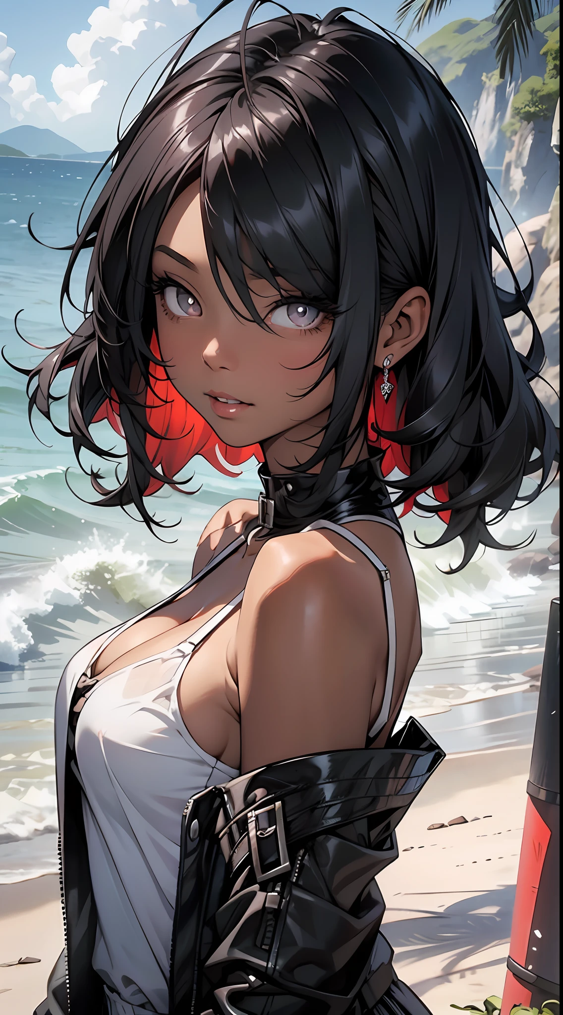 tmasterpiece， Best quality at best， beautidful eyes，Black pupils，Be red in the face，Black color hair，（black-skinned）Black skin， 1girll， 独奏，white camisole，cleavage，（The shoulder straps slip off：1.5）， with short white hair，Off-the-shoulder attire，Insufficient tailoring， Hair is more than one eye，sea beach，The skin is translucent，Close-up shot，ssmile，looks into camera，Close up，Translucent red lips