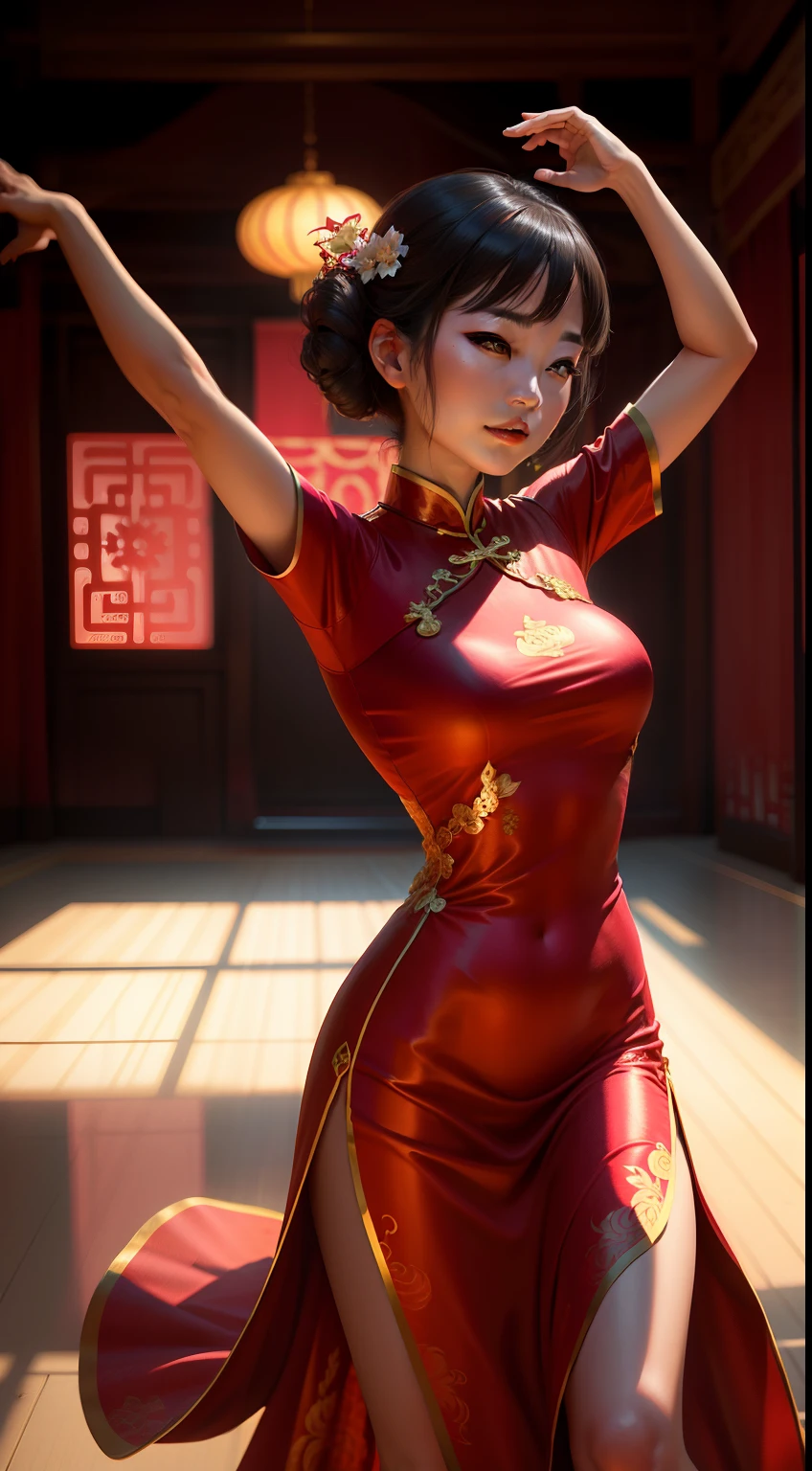Dance in a Chinese cheongsam in the palace，hyper HD, Ray traching, reflective light，structurally correct, Award-Awarded, high detal, lightand shade contrast, Face lighting，cinmatic lighting, tmasterpiece, super detailing, high high quality, high detal, best qualityer, 16k，