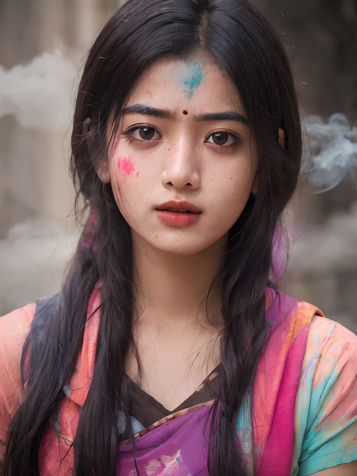 Portrait of a young indian girl, holi event, smoke of all colors, Sony-Alpha-7R-IV, 8k-quality, detailed skin,