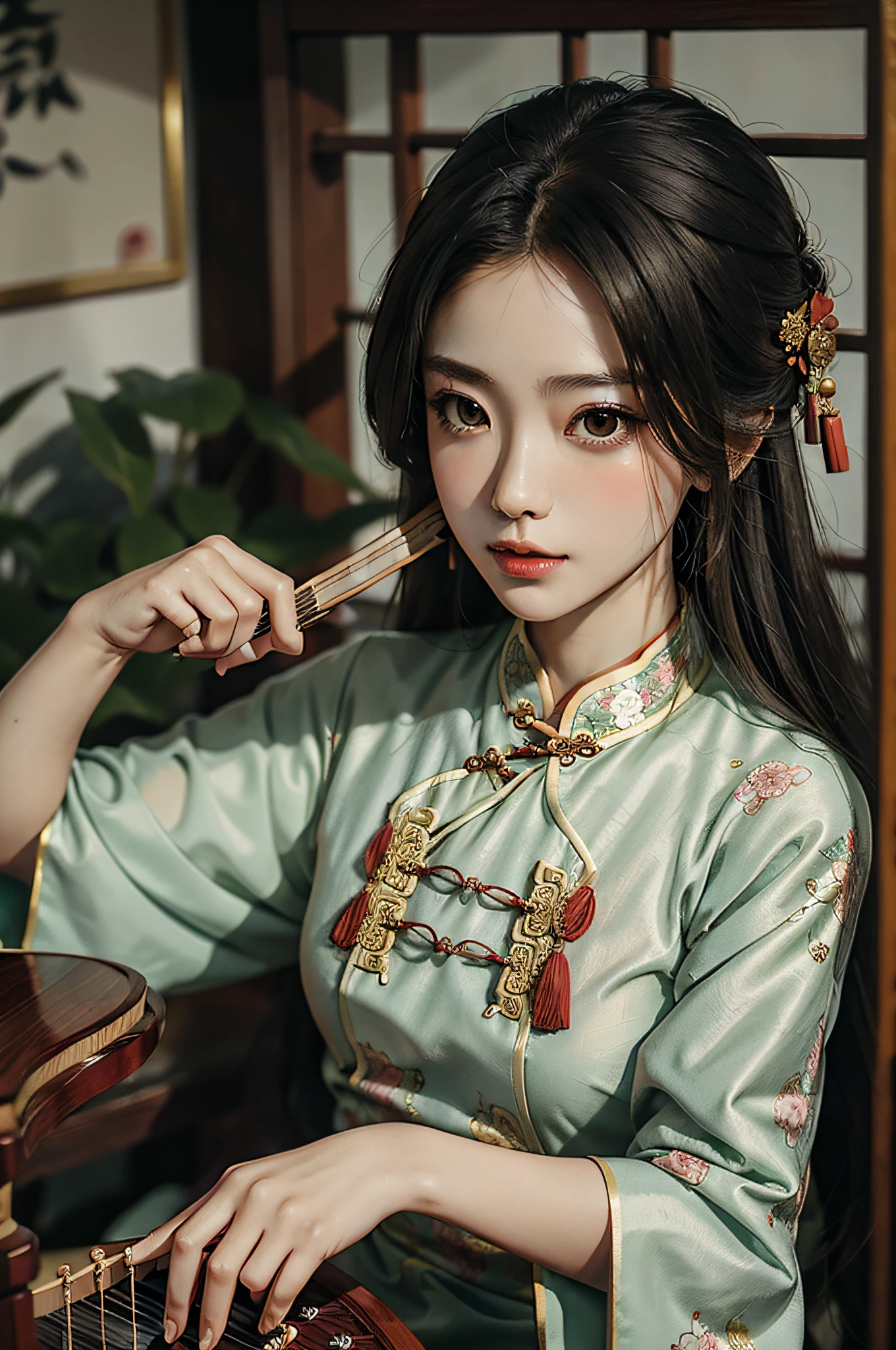 1 Antique beauty，wearing  cheongsam，Sit back and play guzheng