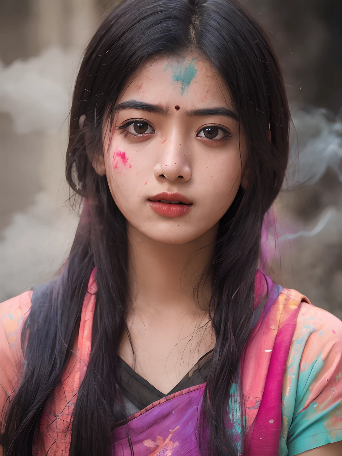 Portrait of a young indian girl, holi event, smoke of all colors, Sony-Alpha-7R-IV, 8k-quality, detailed skin,