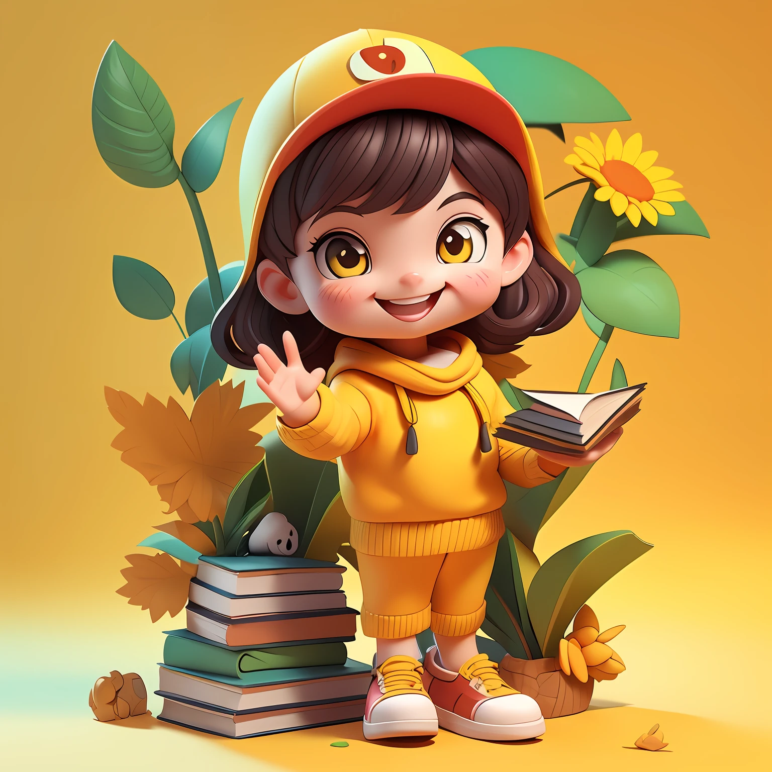 Cute little tiger，(cartoonish style+Humanoid)，(yellow sweater+Cute shoes)，waving and smiling，in one hand Holding a book，(3D rendering of+C4D production)，(IP image design)，full bodyesbian，tchibi。