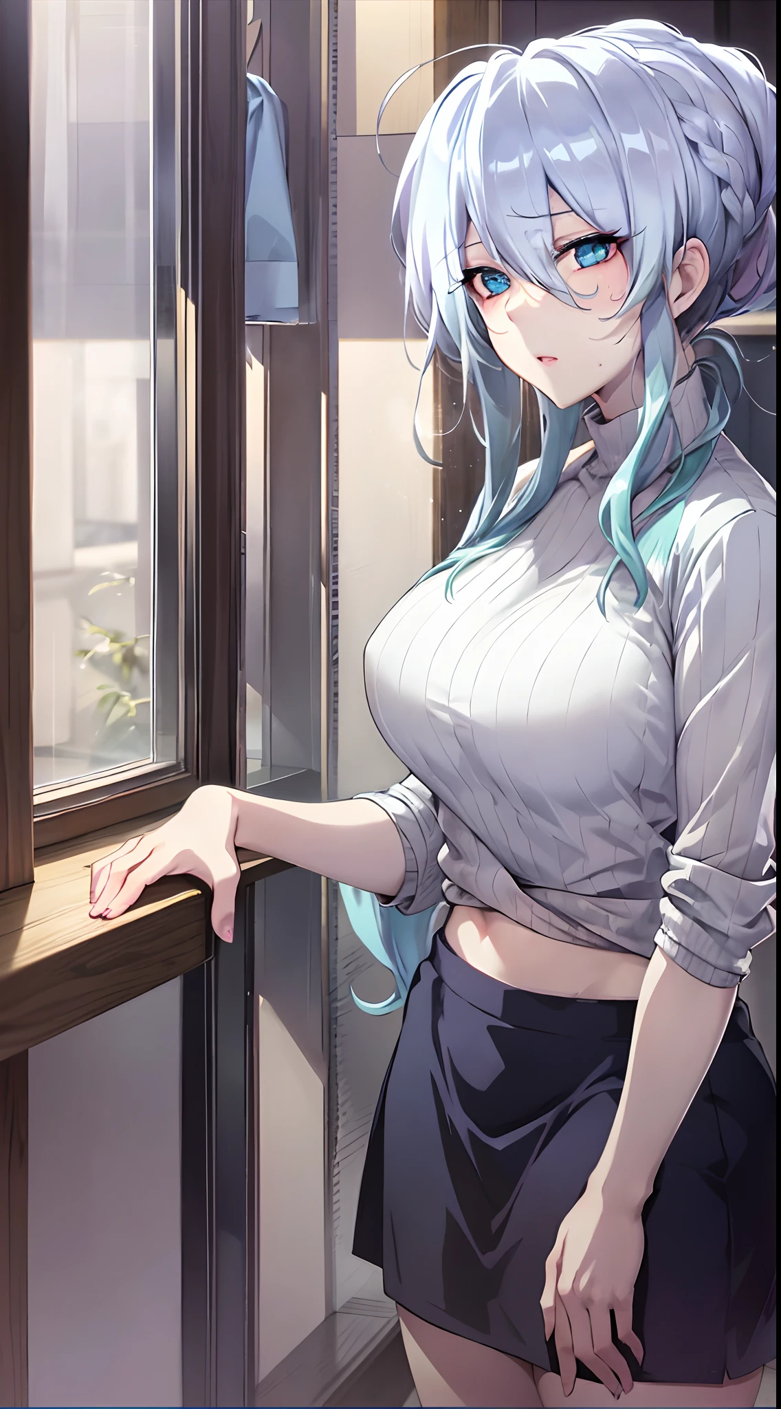 Yukino in school, silver hair, short hair, white shirt and no bra, anime visual of a cute girl, screenshot from the anime film, & her expression is solemn, in the anime film, in an anime, anime visual of a young woman, she has a cute expressive face, still from anime, big breast, red cheek, lustful face, fair skin