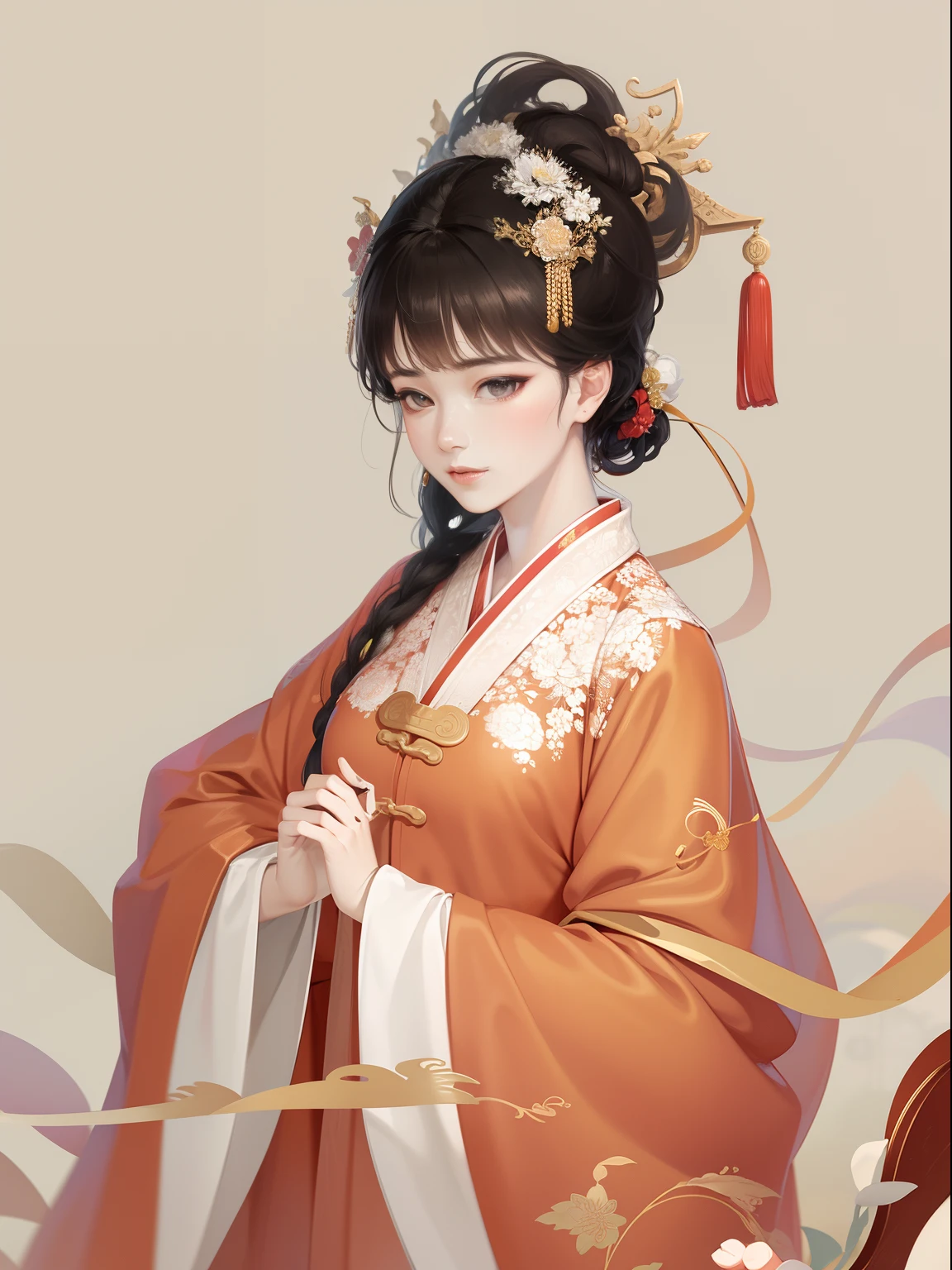 A beautiful girl in ancient China，The facial features are delicate and fair，Cool temperament，Red clothes，Black hair coiled into a bun，Wears a gold coat on his head，Chinese Song Dynasty clothing，Red gold maxi dress，Long black hair, rays of sunshine，Clear face，ultraclear，tmasterpiece，ultra - detailed，high qulity，HighestQuali，The main color is red，Background simple elements。Invisible hands，No hands。