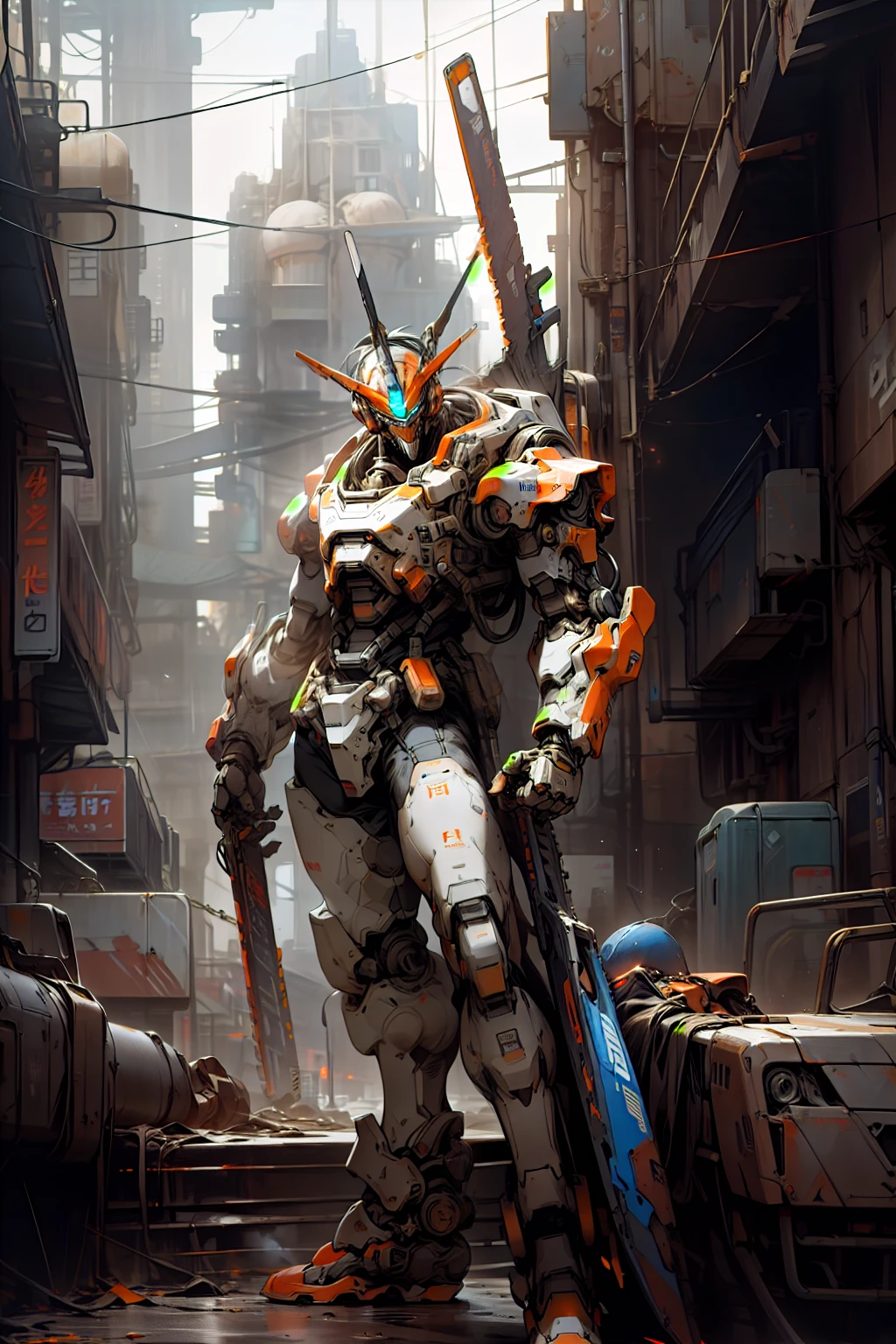 On the moon, barren planet, ruins, holding weapons, no humans, glowing, robot, building, glowing eyes, orange mech, science fiction, city, reality, mecha, galaxy background, full body, neon, cyber Punk, 8K wallpapers, ultra-detailed artwork, cinematic lighting, realistic photos, Dark_Fantasy, Cyberpunk, (chain saw, chain saw man, Red: 1.1), 1man, Mechanical marvel, Robotic presence, Cybernetic guardian, wearing a worn-out machine armor suit, intricate, (steel metal [rust]), elegant, sharp focus, photographed by greg rutkowski, soft lighting, vibrant colors, masterpiece, ((street)), cowboy shot, dynamic pose,