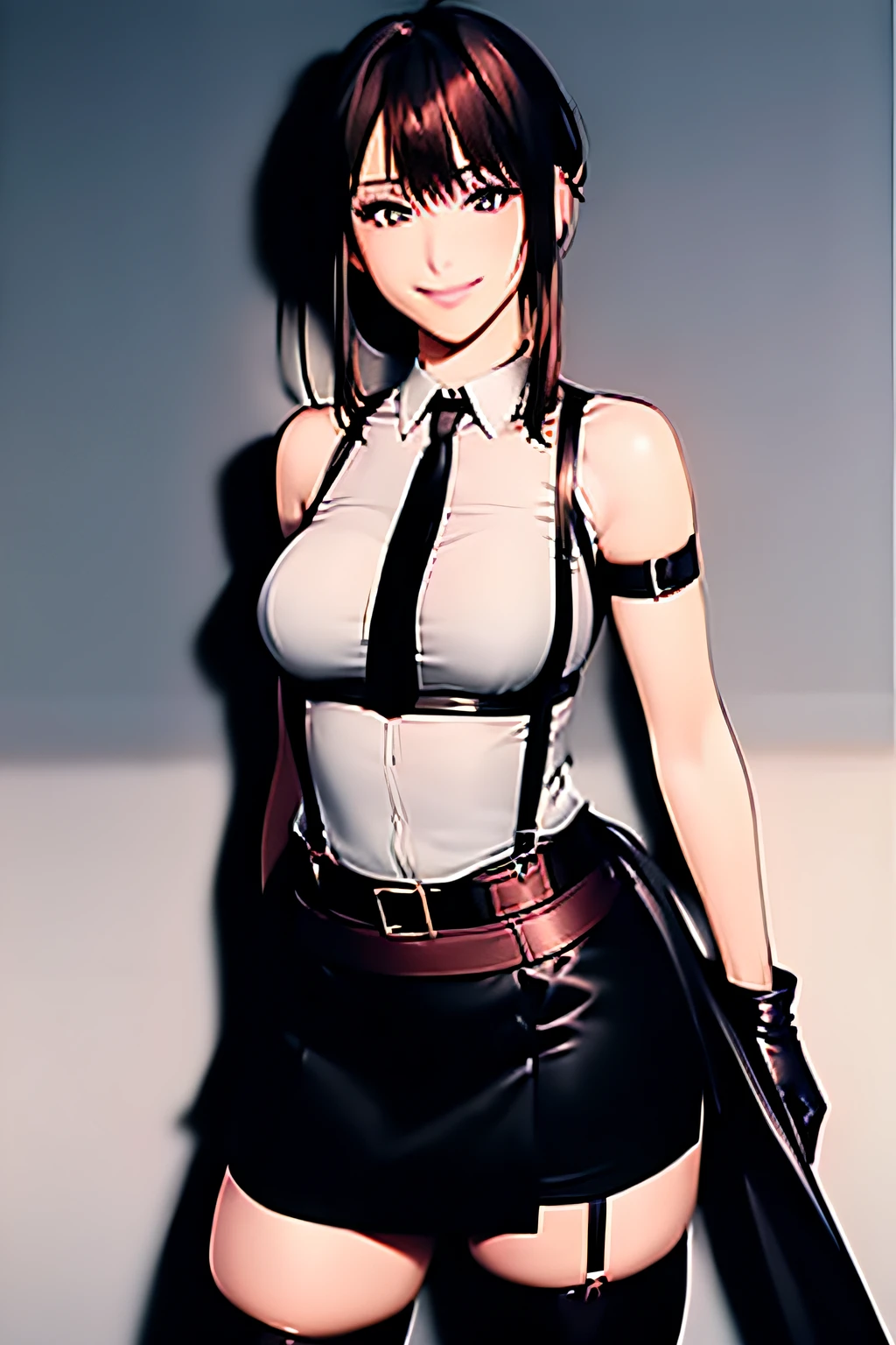 a belt　　　　　suspenders　　Black miniskirt　neck tie　Black tank top　　　　Black stockings　　　　Brown hair　poneyTail　Gray eyes　　holster　bobby　Garter belt on the legs 　Brown hair　a smile　piece　Moderate breasts