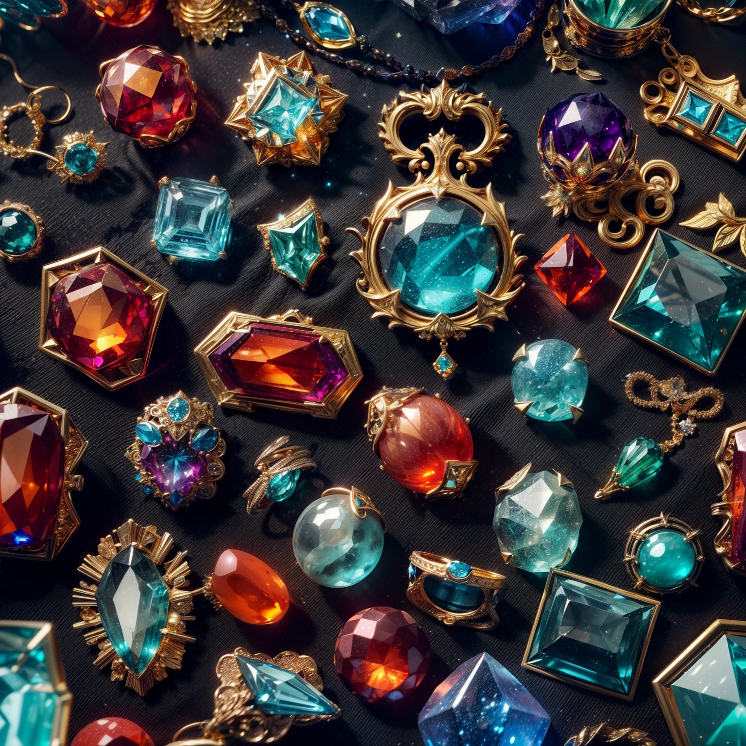 (Druid style:1.2),(Full Focus:2),(Everything is laid out in a display case:1.3),(magic item|Colorful gemstones|SakuraNS|Printed silk products|medal|ore|obsidian|pearls|Emeraude|white jade|amethyst|sapphires|Gold products|Silver products|Purple gold|Magical jewelry|antiquarian|Red Jewel|Orange gemstones|Blue gemstones|topaz|:2),Magic symbols,Magic light particle effect,High-tech luxury, High-value jewelry,,High-value metals,luxury goods,Puzzles are prohibited, Detailed and complex background, glittery, reflective light, hyper HD, Award-Awarded, A high resolution, High detail, Chiaroscuro, Cinematic lighting, Masterpiece, Ray traching,structurally correct, Super detail, High quality, High details, Best quality, 16k