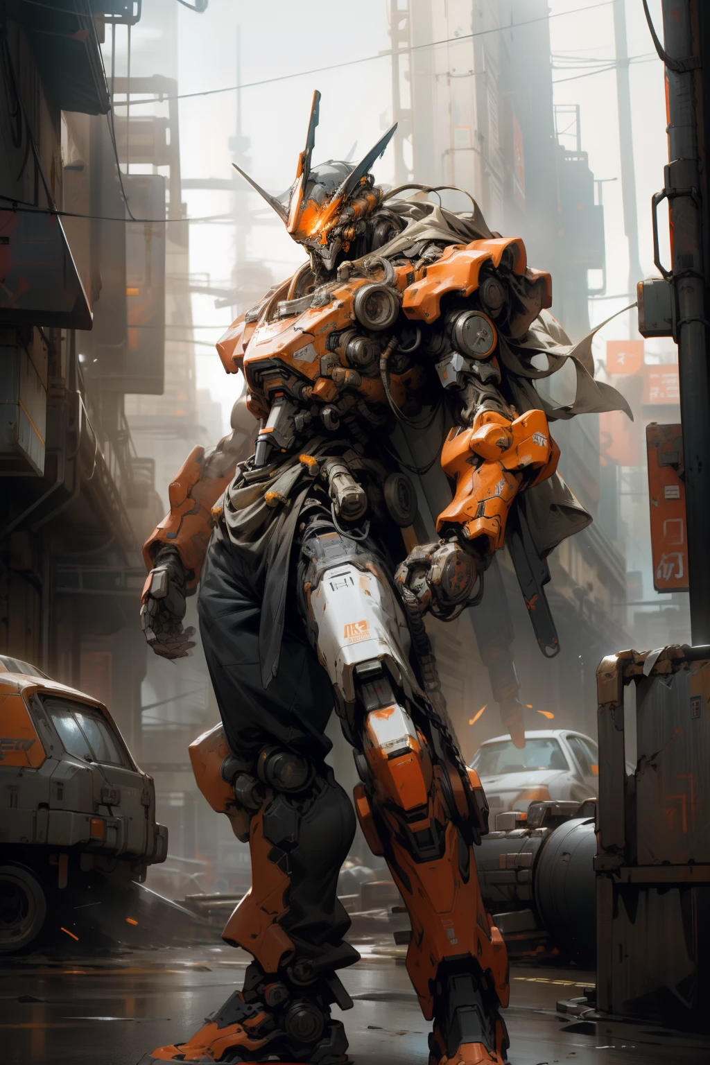 On the moon, barren planet, ruins, holding weapons, no humans, glowing, robot, building, glowing eyes, orange mech, science fiction, city, reality, mecha, galaxy background, full body, neon, cyber Punk, 8K wallpapers, ultra-detailed artwork, cinematic lighting, realistic photos, Dark_Fantasy, Cyberpunk, (chain saw, chain saw man, Red: 1.1), 1man, Mechanical marvel, Robotic presence, Cybernetic guardian, wearing a worn-out machine armor suit, intricate, (steel metal [rust]), elegant, sharp focus, photographed by greg rutkowski, soft lighting, vibrant colors, masterpiece, ((street)), cowboy shot, dynamic pose,