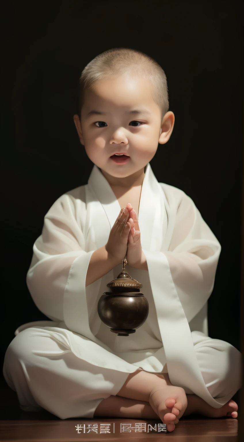 arafed baby in a white robe sitting on a wooden floor, thick eyebrow,The nose is high,Buddhist, wearing nun outfit, jaeyeon nam, dressed in simple robes, monk clothes, Serene expression, lovely digital painting, wearing white robes with, prayer meditation, wearing white robes with, ancient japanese monk, Taoist, white daoist robes, portrait shooting, wearing long white togas