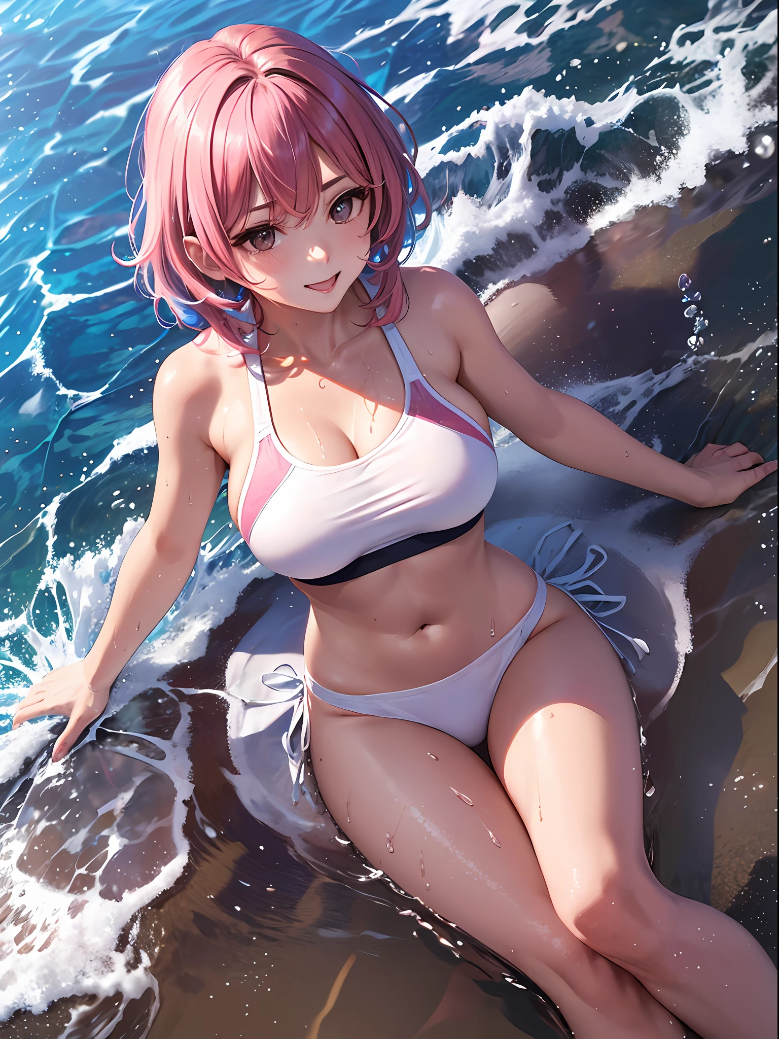 (top-quality: 1.3)、(​masterpiece: 1.3)、(The ultra-detailliert: 1.3)、(wall-paper, one girls)、([Diamonds: 1.3|The eye]:1.2)、Beach volleyball players、(Perfect white sports bra:1.3)、(Pink swimsuit pants:1.3)、(Pink hair:1.3)、a short bob、(Beautiful :1.3)、Beach、Beach volleyball court、ssmile、sexypose、Frolicking at the water's edge、playing with water、The body is dripping wet、The swimsuit is wet、Hair is wet