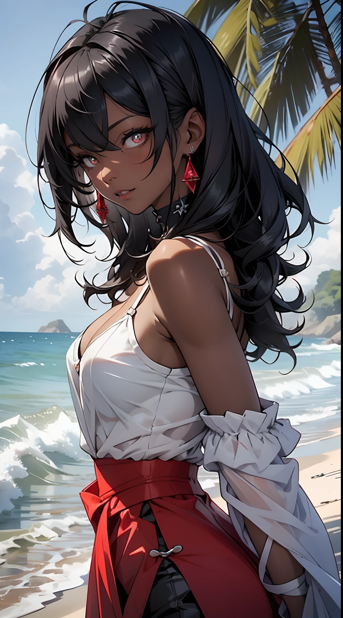 tmasterpiece， Best quality at best， beautidful eyes，Black pupils，Be red in the face，Black color hair，（black-skinned）Black skin， 1girll， 独奏，white camisole，cleavage，（The shoulder straps slip off：1.5）， with short white hair，Off-the-shoulder attire，Insufficient tailoring， Hair is more than one eye，sea beach，The skin is translucent，Close-up shot，ssmile，looks into camera，Close up，Translucent red lips