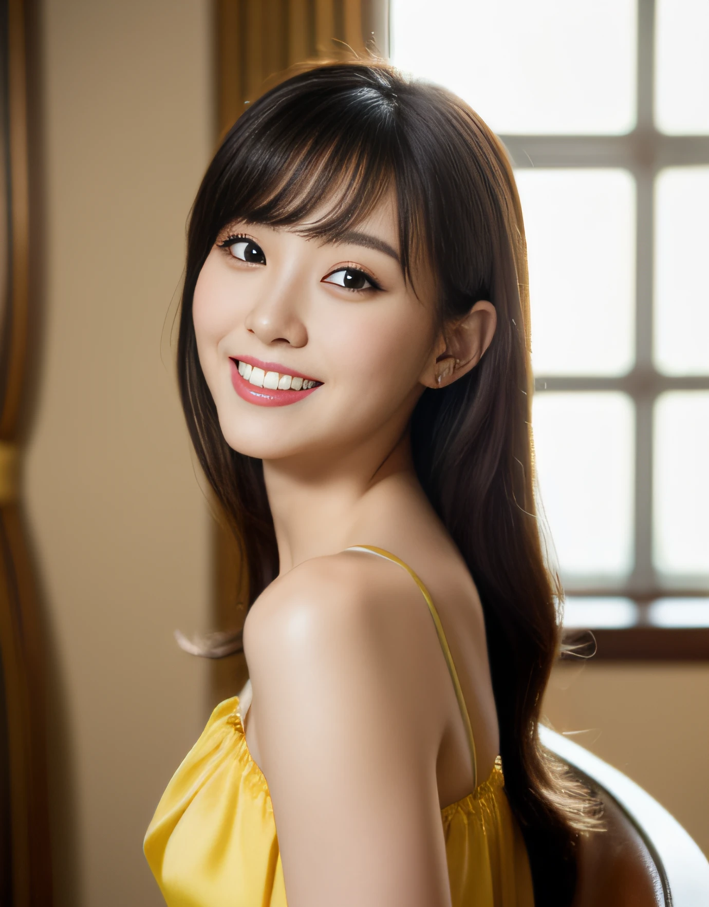 ((best quality, 8K, masterpiece: 1.3)), beautiful girl, pure, melon face, kind and cute, sweet smile, pure desire, slender body, (front), (tilted head), back view, Yellow dress , long black silky straight hair, long flowing shoulders, round black big eyes, clear big eyes, moist red lips, sweet, sitting in a hotel chair, hotel window sill background, ((whole body )),