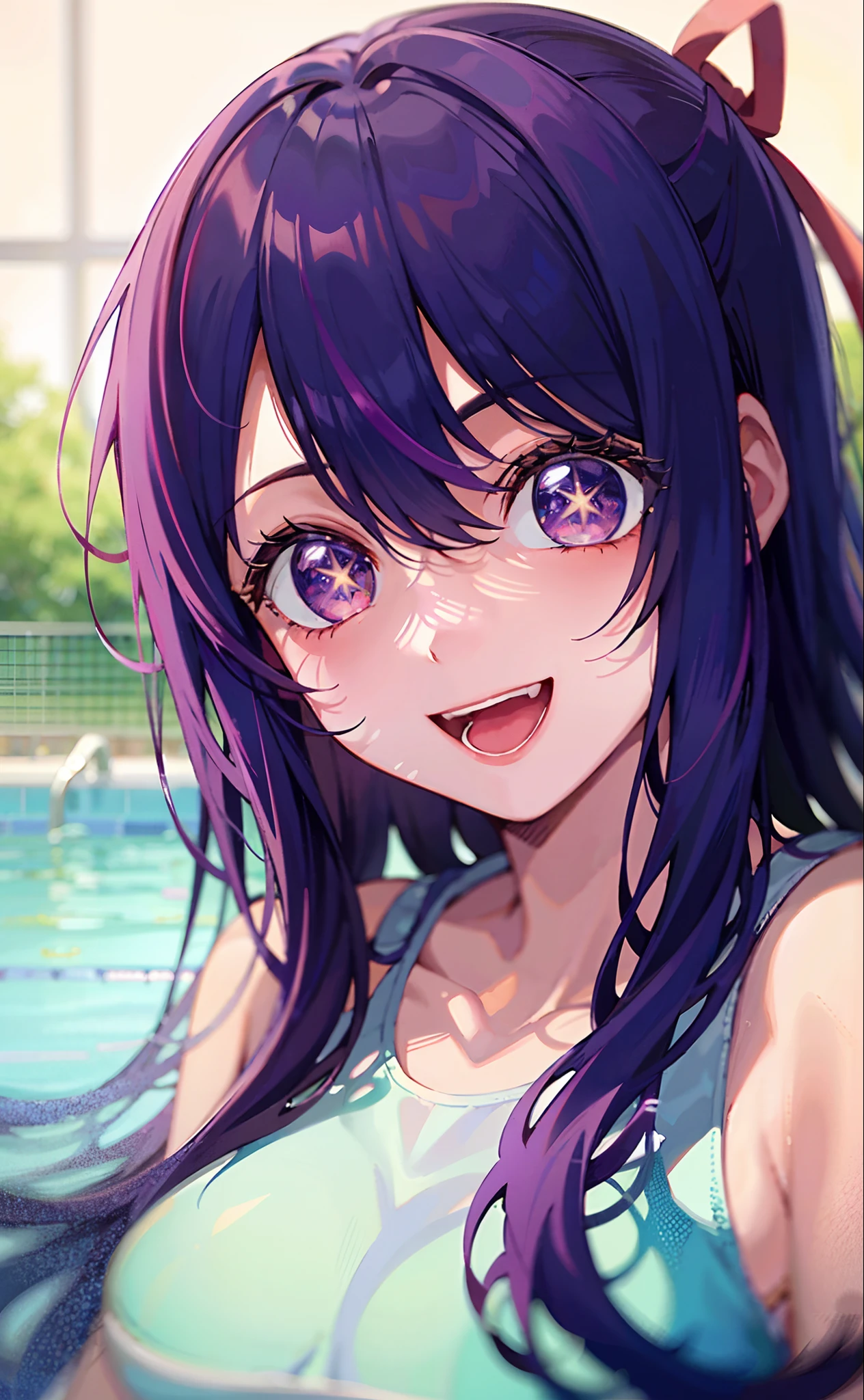 1girll，（（There is a five-pointed star in the eye））Gorgeous Hair in Long Purple，Smile，Open mouth，swimmingpool，swimming uniform，swim trunks
