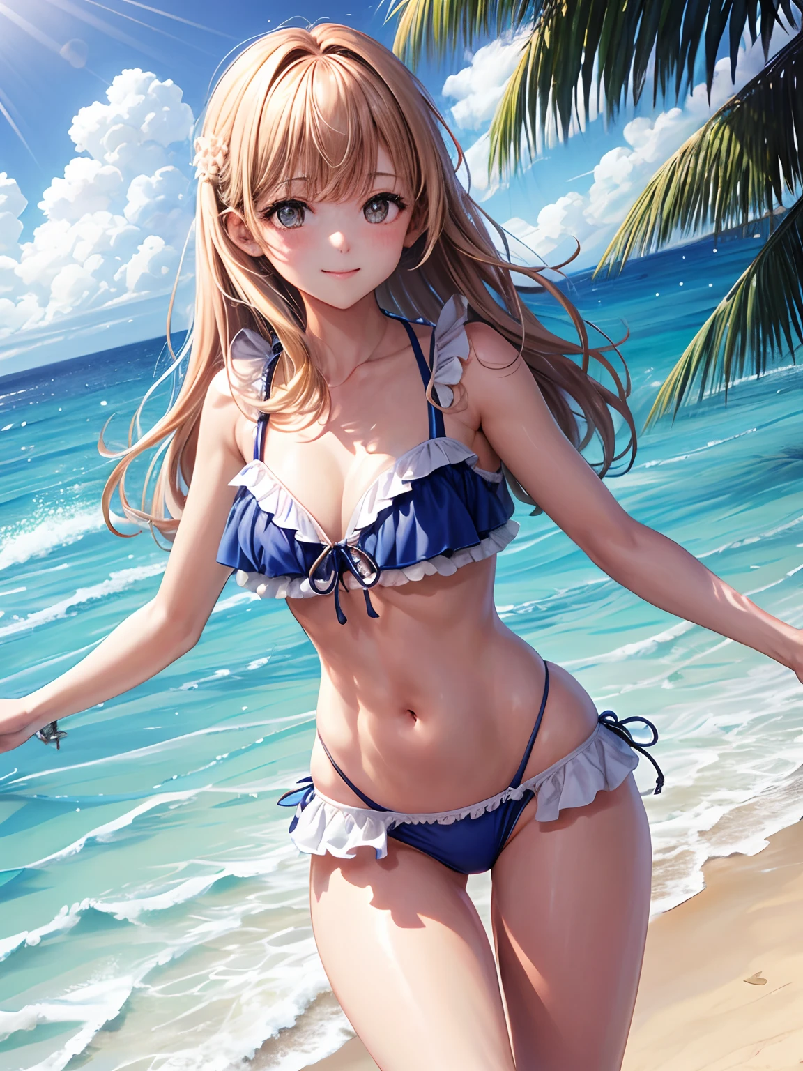 lighting like a movie、Bikini with ruffles、the beach、A slight smil、top-quality、(thighs thighs thighs thighs:1.5)、