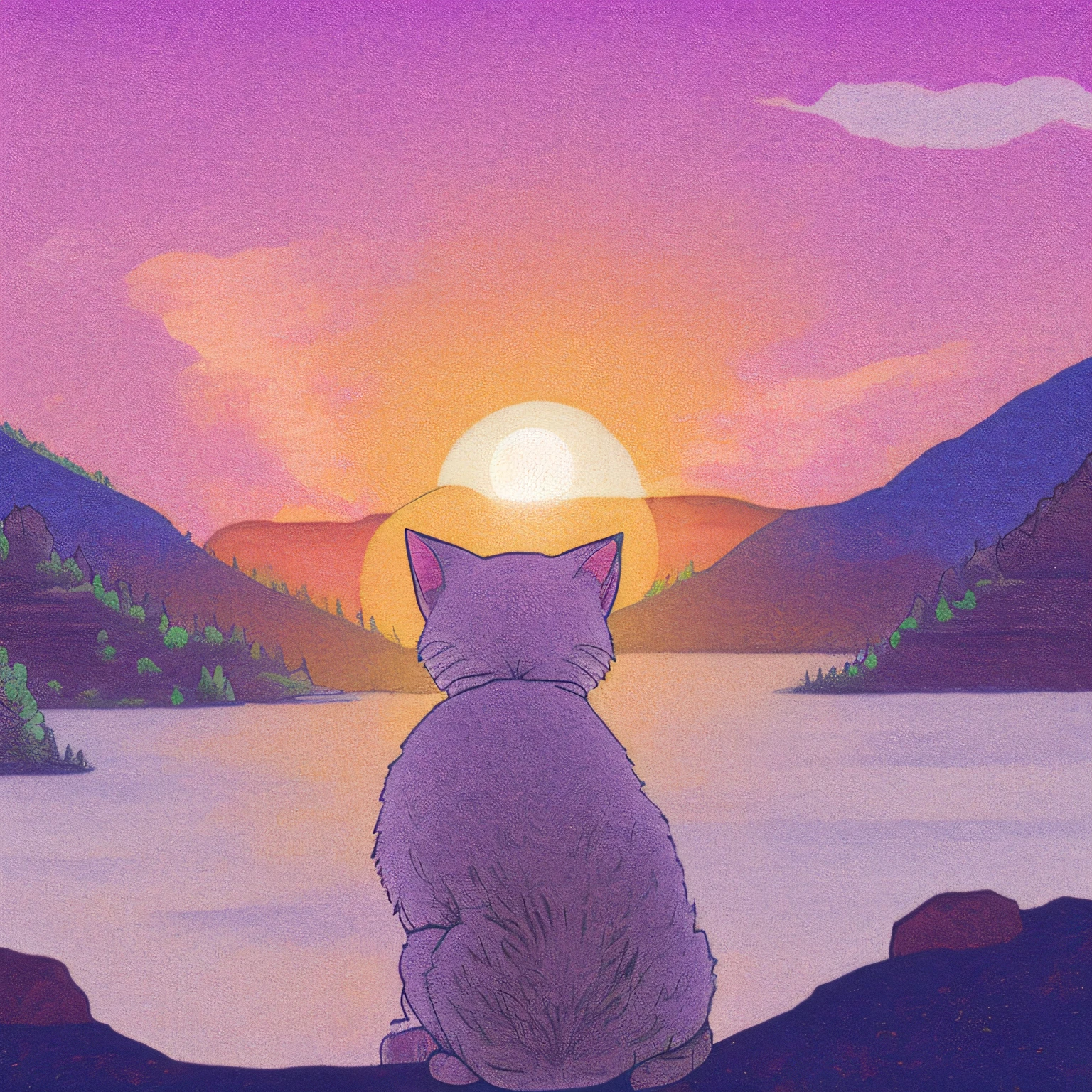 Draw a cat sitting on a rock looking at the mountains, Lofi art, Praise Artstyle, lofi album art, lofi, chillhop, sunset illustration, vaporwave sunset, vaporwave sunrise background, watching the sunset, sunset mood, looking out at a sunset, with a sunset, lofi color, lofi aesthetics