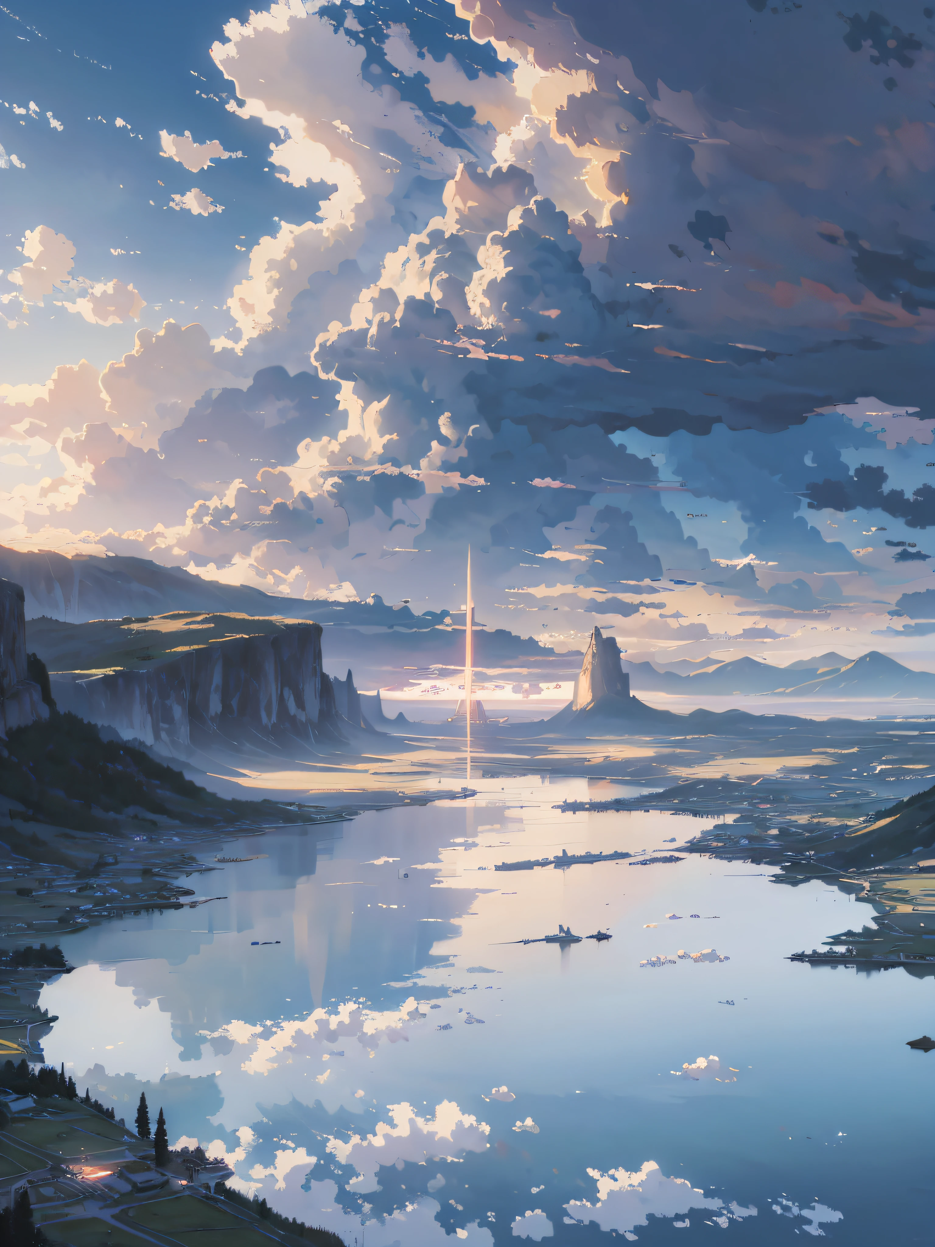 The vast sky, beautiful horizon, the great pastures, the extremely tense and dramatic pictures, the moving visual effects, the suspended Polaris and the colorful natural light. woman with a white hair and a black and white jeans outfit with backpack and side backpack, Beautiful face , crown, anime big breast, conceptual art, High detail, Glowing light, multiple monochrome, color difference, first person perspective, Atmospheric perspective, Rotated, Atmospheric perspective, in a panoramic view, hyper HD, retinas, Masterpiece, Super detail, 1080p, 4K, 8K, Best quality, High details, High quality