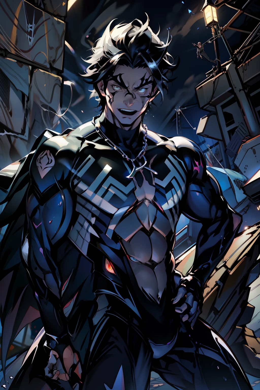 《the original god》Arataki Kazuto , male people， chest muscle， Sexy , Venom symbiote for your body, Black mucus of the body , into venom, venomize，Black bodysuit，（Cloak），Red cape，Abs，（Adult male）（（Venom possession，venom symbiote）），over-Tortoise Man，Battle damage，((Masterpiece)), ((Best quality)), Ultra detailed,((illustration)), Dynamic Angle, Detailed light, (Delicate eyes), Floating, 1boy, Male focus, Head, Clothing, Yellow eyes, necklace, tattoo, (Forehead:0.8), (ahoge:0.8), jewelry, brunette color hair,apathy，Ray， chest muscle， Sexy , Venom symbiote for your body, Black mucus of the body , （into venom）, Venom，frontage，Bust photo，White tight-fitting top，spiderman outfit，style of anime4 K， 4K anime wallpaper， Badass anime 8 K， 4 k comic wallpaper， young anime man， Anime boys， Anime wallpapers 4 k， Anime wallpaper 4K， High quality anime art style， Anime moe art style， Anime art wallpaper 8 K， Anime art wallpaper 4 K， RGB lighting，