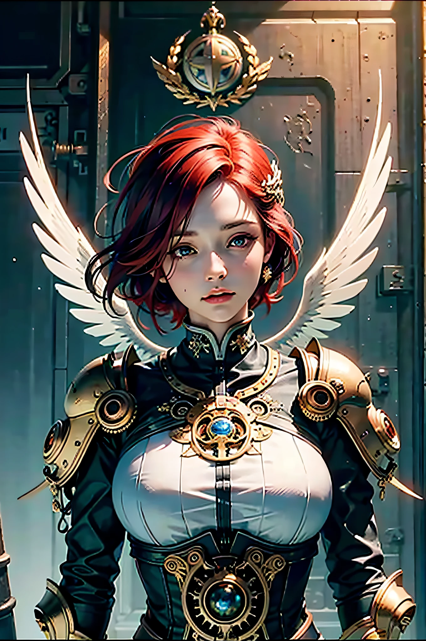 meccog, cog, batman, mechanic, android, intricate details dress, solo, realistic, upper body, red hair, wings, halo, half-closed eyes, white dress, black and white dress, art by art nouveau + daniel merriam + James jean, highly detailed technical, beautiful, gorgeous, dramatic lighting, golden ratio, Intricate details, 8K, ultra realistic, photography, RTX, light mode, octane render, morbide, HDR, trending on artstation, ulzzang-6500-v1.1