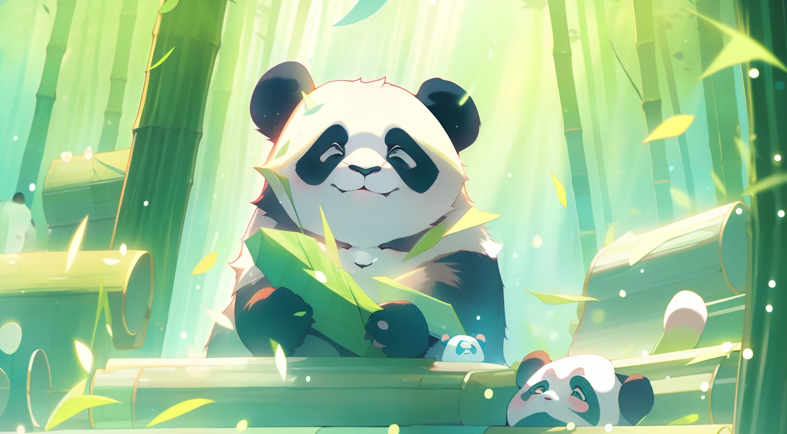 a cute giant panda, Cute panda, heart-shaped pupils, aqua eyes, glowing eyes, smile, glowing light, ray tracing, chiaroscuro, anime style, UHD, high quality, super detail, high details, highres