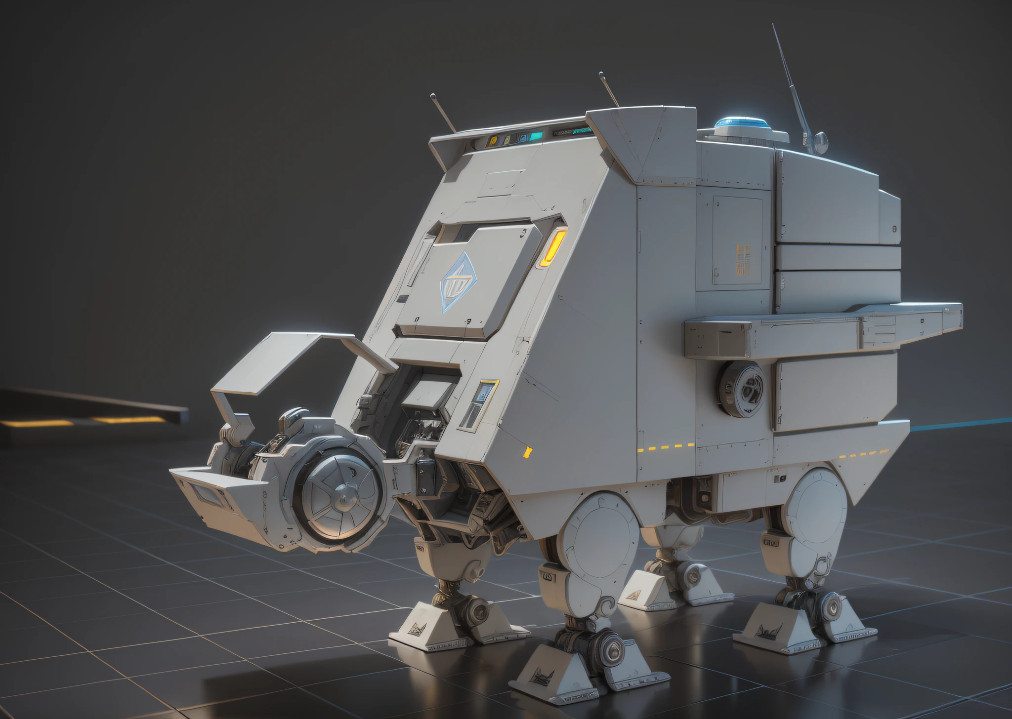 Robot close-up with small object in background,  hard surface modeling, 3d modelling, 3 d modelling, hard surface modeling, Kitbash 3D, hard surface model, highly detailed toy, zbrush hard surface, highly detailed model,high - poly, In - St，Cart，A detailed，Add a material，hyper HD，oc rendered,Add loading details，Add a touch of life，Science fiction objects，Shipping features，Leg refinement，Functions at a glance，Add more sci-fi objects，iintricate