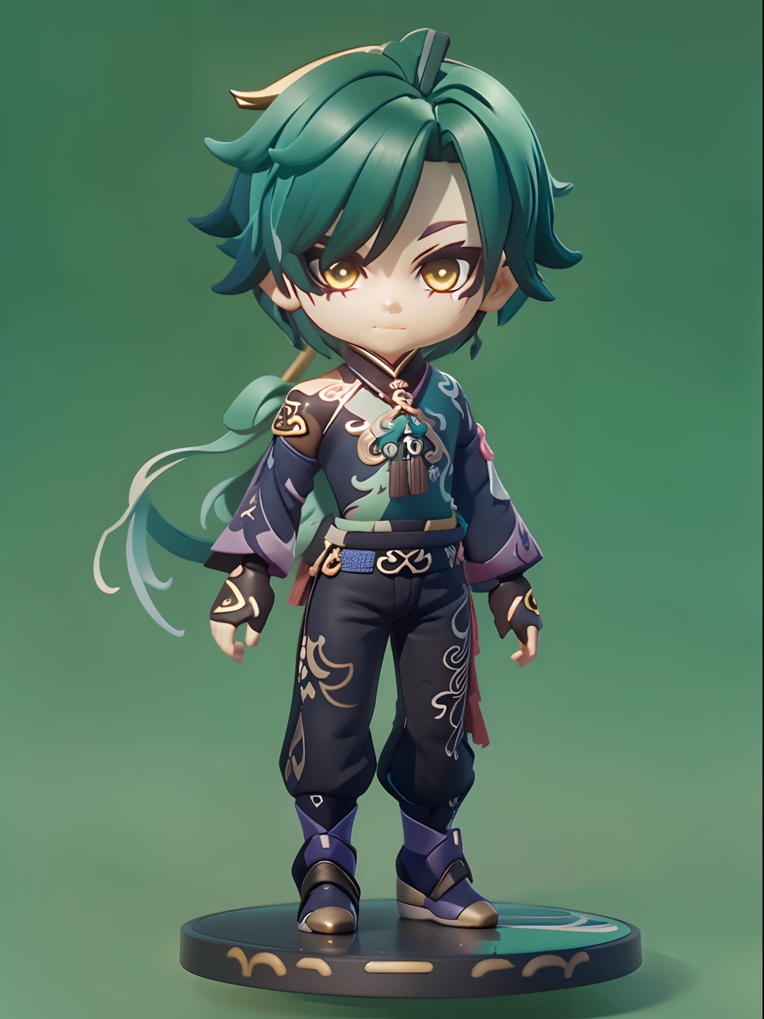 (Blind box toy style:1.3), ((Full body shot:1.4))  (((anatomy correct))),((1 boy, solo)),(masterpiece:1.3), ,high quality, (SOLO:1.4), whole body, (((xiao,genshin impact))),  dark green hair,short hair,yellow eyes,necklace,Tattoo on the arm，Dark blue pants，Black boots，dark green background, masterpiece, best quality, solo, standing, ((circular base:1.5))(Global illumination, Ray tracing, hdr, unreal render,reasonable design, high detail, Masterpiece, Best quality, hyper HD, Cinematic lighting)