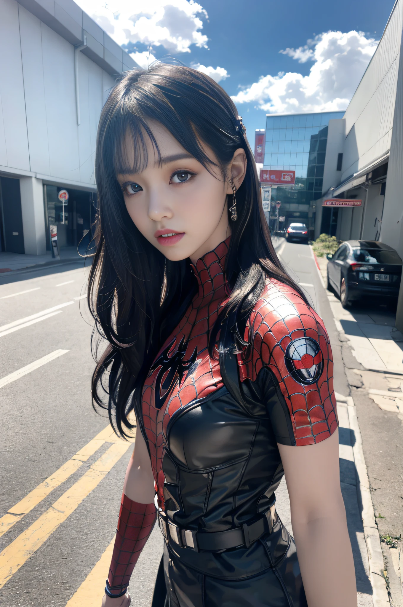 (1girl:1.3), solo, __body-parts__, official art, unified 8k wallpaper, super detailed, beautiful and aesthetic, beautiful, masterpiece, best quality, raw, masterpiece, super fine photo, best quality, super high resolution, photorealistic realism, sunlight, full body portrait, amazing beauty,, dynamic pose, delicate face, vibrant eyes, (from the front), she is wearing a Spider-man suit, red and black color scheme, spider, very detailed abandoned warehouse background, Detailed face, detailed complex busy background, messy, gorgeous, milky white, highly detailed skin, realistic skin details, visible pores, sharp focus, volumetric fog, 8k uhd, DSLR, high quality, film grain, fair skin, photo realism, lomography, huge metropolis in future dystopia, seen from below, translucent
