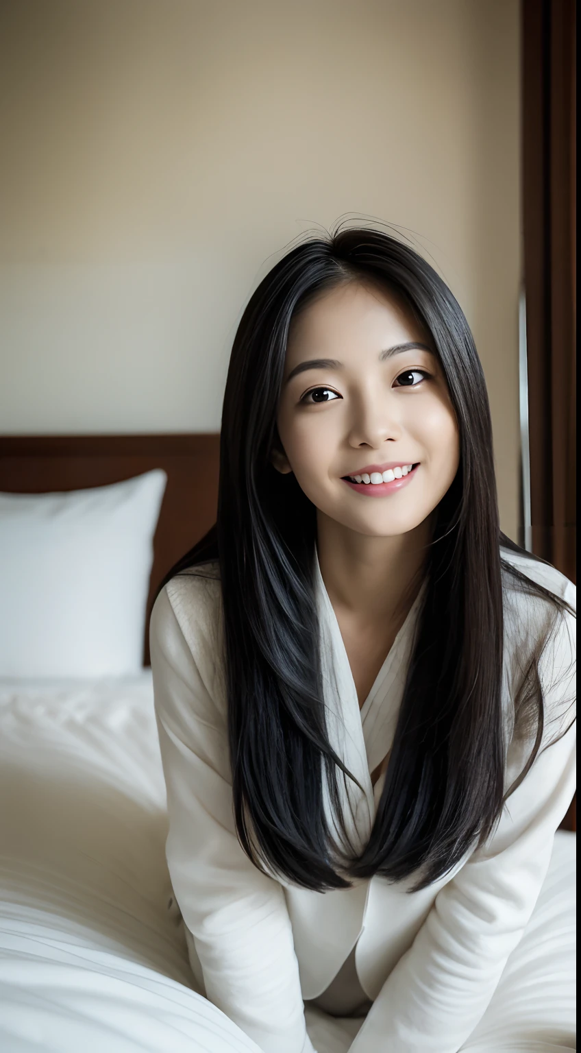 ((Best Quality, 8K, masutepiece:1.3)), beautiful  Girl, pure, Melon face, gentle and cute, Sweet smile, pure lust, Thin body, (Frontal), (Head Tilted), Looking directly at the camera, uniform, Obi, Formal, Black silky long straight hair, long hair flowing over the shoulders, round black big eyes, clear big eyes, Moist red lips, Dolce, Sitting on the edge of the bed, Home background,Raw photo