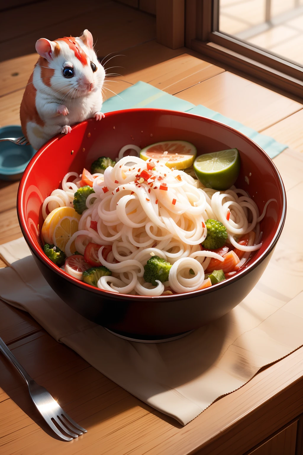 The red bowl, the white noodles, and a lot of toppings, have always been eaten by hamsters