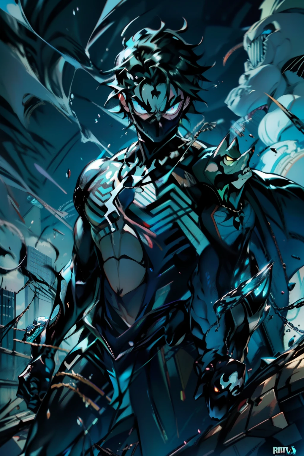 《the original god》Arataki Kazuto , male people， chest muscle， Sexy , Venom symbiote for your body, Black mucus of the body , into venom, venomize，Black bodysuit，（Cloak），Red cape，Abs，（Adult male）（（Venom possession，venom symbiote）），over-Tortoise Man，Battle damage，((Masterpiece)), ((Best quality)), Ultra detailed,((illustration)), Dynamic Angle, Detailed light, (Delicate eyes), Floating, 1boy, Male focus, Head, Clothing, Yellow eyes, necklace, tattoo, (Forehead:0.8), (ahoge:0.8), jewelry, brunette color hair,apathy，Ray， chest muscle， Sexy , Venom symbiote for your body, Black mucus of the body , （into venom）, Venom，frontage，Bust photo，White tight-fitting top，spiderman outfit，style of anime4 K， 4K anime wallpaper， Badass anime 8 K， 4 k comic wallpaper， young anime man， Anime boys， Anime wallpapers 4 k， Anime wallpaper 4K， High quality anime art style， Anime moe art style， Anime art wallpaper 8 K， Anime art wallpaper 4 K， RGB lighting，