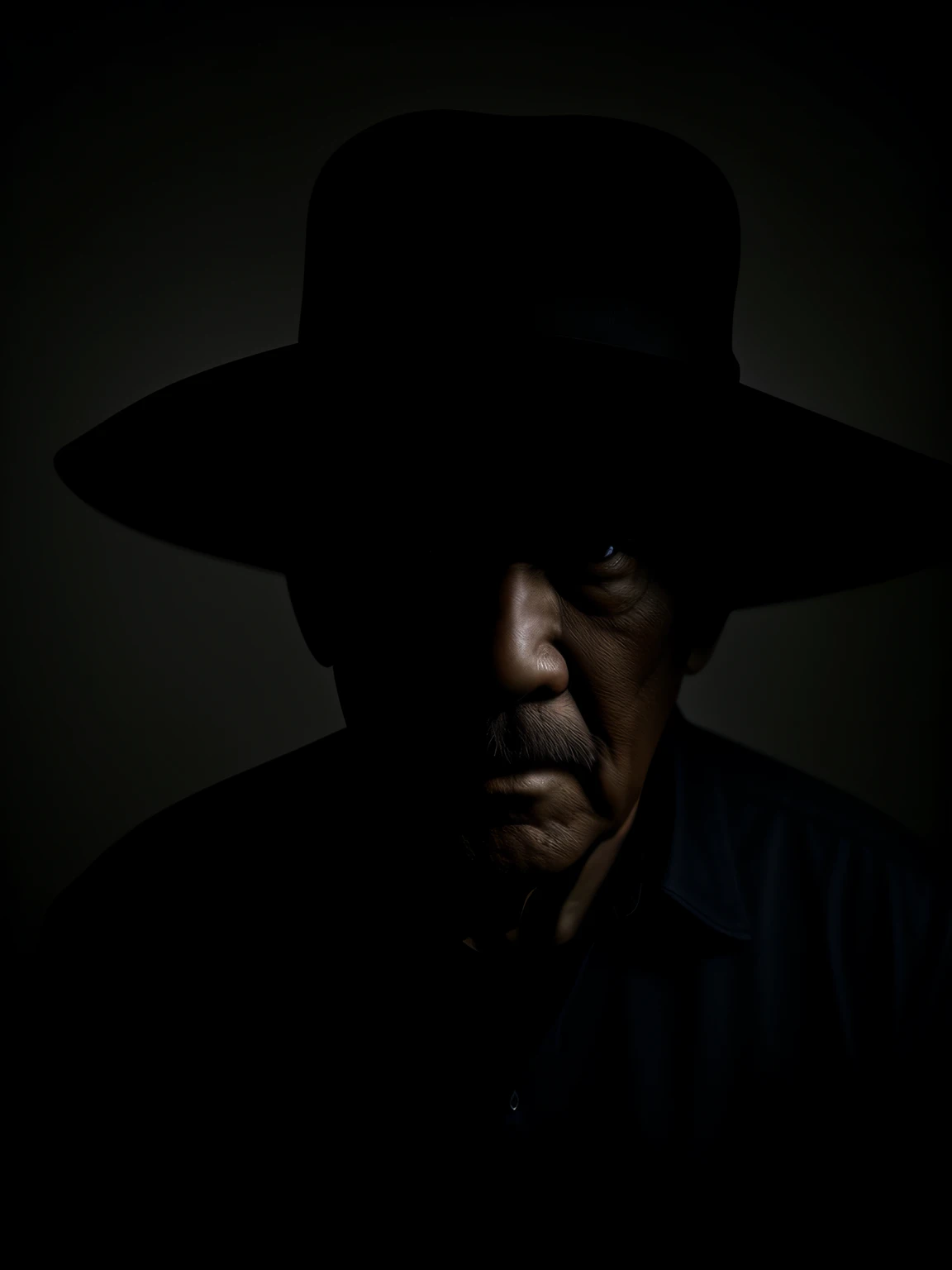 Horrible gloomy room，overcast light，Sixty-five-year-old man，Terrified expression，With a hat on，sitting behind a table，There are books on the table，Place your hands crossed on the table，Wearing black civilian clothes，There is no light in the room，Serious face，telling stories，realisticlying，Close-up，Scary atmosphere，Sense of story，Dark style，Asian people，The overall environment is terrifying，The environment is dark，Faint light，voluminetric lighting. Dark, dark volumetric lighting, dark scene with dim light, Inside a dark room, photorealistic dark concept art, dramatic lighting render, The gloomy room was full of shadows, Empty backroom at night, very dark room, Wizard hat movie lighting，Close-up