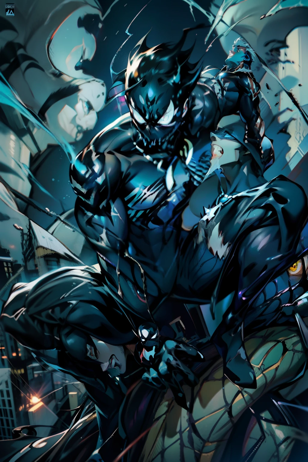 《the original god》Arataki Kazuto , male people， chest muscle， Sexy , Venom symbiote for your body, Black mucus of the body , into venom, venomize，Black bodysuit，（Cloak），Red cape，Abs，（Adult male）（（Venom possession，venom symbiote）），over-Tortoise Man，Battle damage，((Masterpiece)), ((Best quality)), Ultra detailed,((illustration)), Dynamic Angle, Detailed light, (Delicate eyes), Floating, 1boy, Male focus, Head, Clothing, Yellow eyes, necklace, tattoo, (Forehead:0.8), (ahoge:0.8), jewelry, brunette color hair,apathy，Ray， chest muscle， Sexy , Venom symbiote for your body, Black mucus of the body , （into venom）, Venom，frontage，Bust photo，White tight-fitting top，spiderman outfit，style of anime4 K， 4K anime wallpaper， Badass anime 8 K， 4 k comic wallpaper， young anime man， Anime boys， Anime wallpapers 4 k， Anime wallpaper 4K， High quality anime art style， Anime moe art style， Anime art wallpaper 8 K， Anime art wallpaper 4 K， RGB lighting，