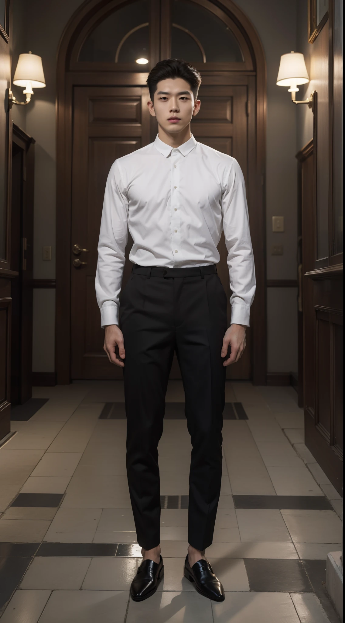 27 years old cool boy，Handsome face，Ruffian，二重まぶた，tall nose bridge，One meter eight height，noble attire，with fair skin，long leges，full body detailing，超高分辨率，Ultra-high quality images，hyper realisitc，Realiy，Background palace，