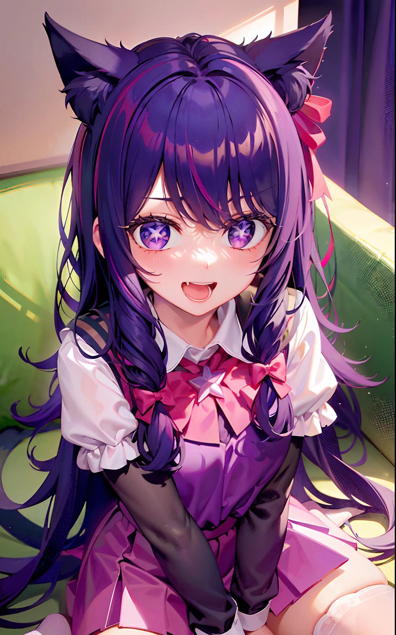 1girll，（（There is a five-pointed star in the eye））Gorgeous Hair in Long Purple，Smile，Open mouth，JK school uniform，Blushlush，Cat ears，sofe，sitting in the couch，all  fours，white stockings，Be red in the face