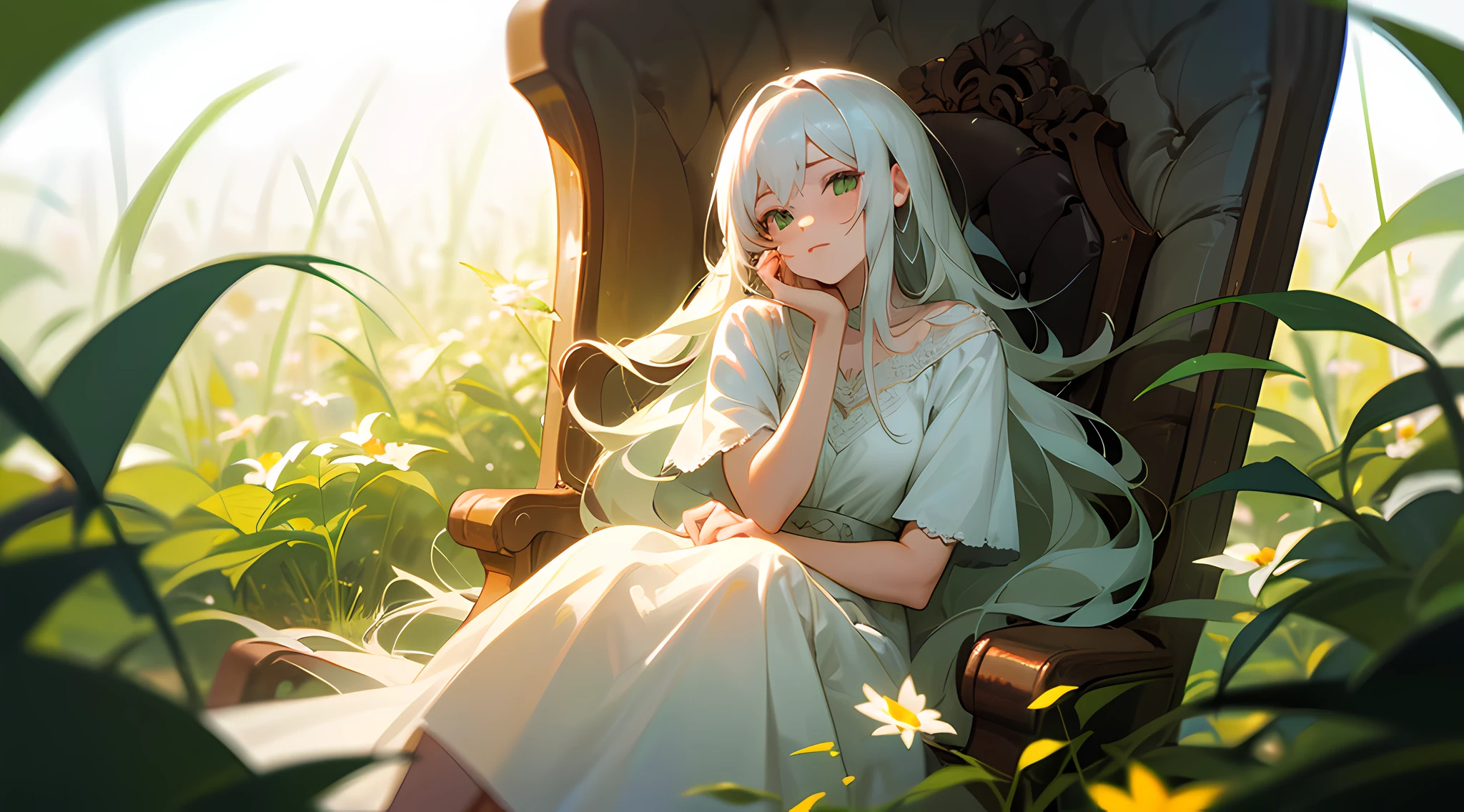 (masterpiece, best quality),1girl with long white hair sitting in a field of green plants and flowers, her hand under her chin, warm lighting, white dress, blurry foreground