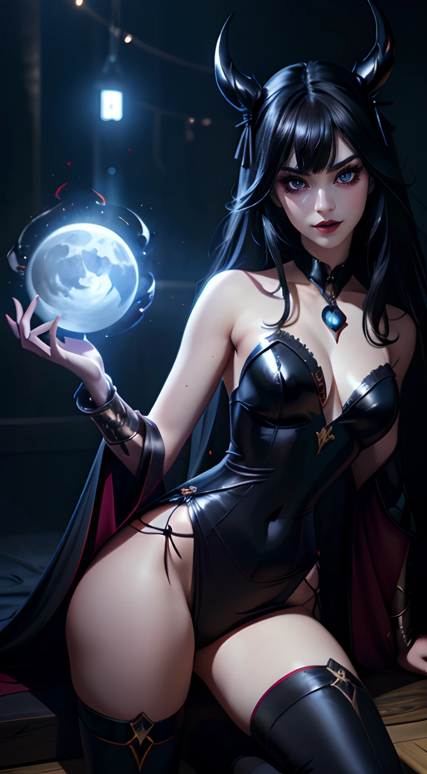 Model: long wavy black hair, full dark lips, black shiny body, Smoky eyes, BREAK, Setting: Room with black color, Broken glass,multicolored neon crystals, BREAK, bodypaint: Polychromatic geometric patterns, Torso cover, Arms and legs, BREAK, Accessories: Chrome-plated chains with torn body, Silver Choker, black feathered white black wings, ?????, ???????, ????? body,BREAK, the pose: on a bed, looking forward, truth, Magic, Magic, wolf ears, Wolf, up close, northern lights, spectrum. apaixonado, Dark Elves. 🧘🏻♀️👁️⛩️soror 🌬️mystica 🩸✨occult dmt🪬dream 👁️goddess of Love🥀🔑🚪moon, ...key, starry, secret, Heart, 100mm wide-angle lens1 beautiful devil woman from hell, around dark: 1.6), surreal female portrait by David Hockney and Alphonse Mucha, Fantasy art, Korean Doll, photo realism, dinamic lighting, Artstation, Poster, voluminous lighting, Very Detailed Faces, 8k ultra, Awarded, around dark, deep shadow, Discreet key, cowboy lens, (Red phoenix dress: 1.4), hairlong, black hair, bust, luxury palace, Royal style, devil's crown, Red-eye makeup is very clear and detailed, The most beautiful face, The breasts are very large, round & round, super realistic, chinese women's clothes, polo neckline sweater, Adorable smile, The eyes are very well made up, guweiz, devil style, Wear black mesh socks, Tail with bow, tied at the back of the head, Red-black lips, Devil tattoo on shoulder, She is dressed in a thin red and black robe, the landscape is overcast and thunderous, (portraite of a), Close-up of main character, (Background details 1.8),