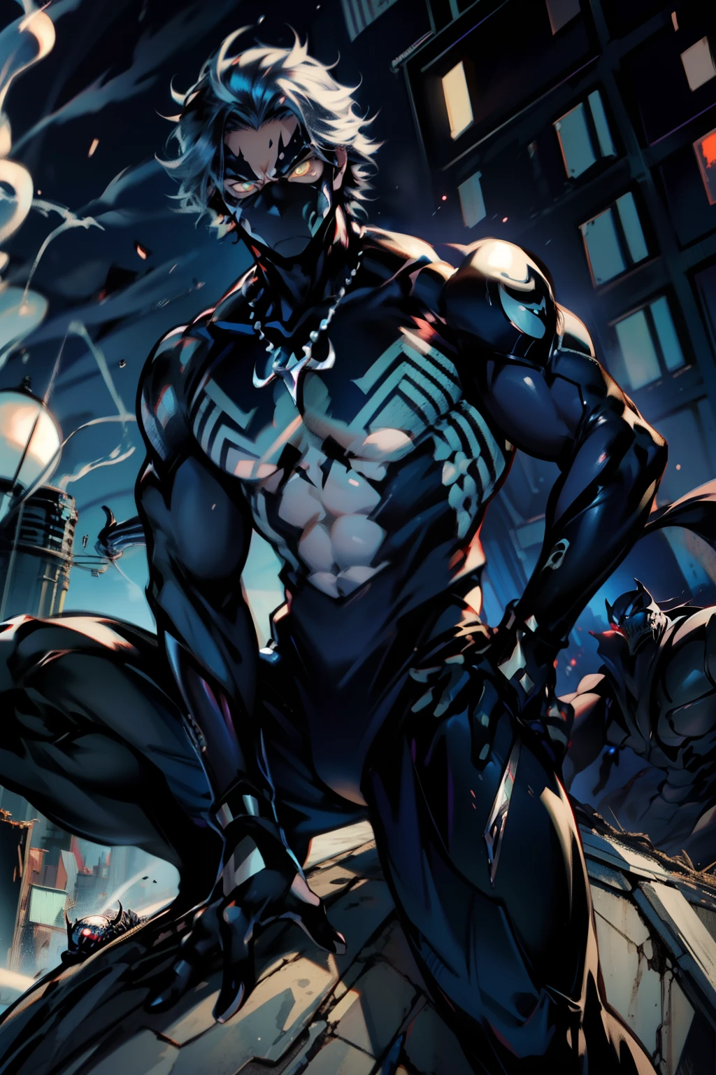 《the original god》Arataki Kazuto , male people, chest muscle, Sexy , Venom symbiote for your body, Black mucus of the body , into venom, venomize,Black bodysuit,(Cloak),Red cape,Abs,(Adult male)((Venom possession,venom symbiote)),over-Tortoise Man,Battle damage,((Masterpiece)), ((Best quality)), Ultra detailed,((illustration)), Dynamic Angle, Detailed light, (Delicate eyes), Floating, 1boy, Male focus, Head, Clothing, Yellow eyes, necklace, tattoo, (Forehead:0.8), (ahoge:0.8), jewelry, brunette color hair,apathy,Ray, chest muscle, Sexy , Venom symbiote for your body, Black mucus of the body , (into venom), Venom,frontage,Bust photo,White tight-fitting top,spiderman outfit,style of anime4 K, 4K anime wallpaper, Badass anime 8 K, 4 k comic wallpaper, young anime man, Anime boys, Anime wallpapers 4 k, Anime wallpaper 4K, High quality anime art style, Anime moe art style, Anime art wallpaper 8 K, Anime art wallpaper 4 K, RGB lighting,