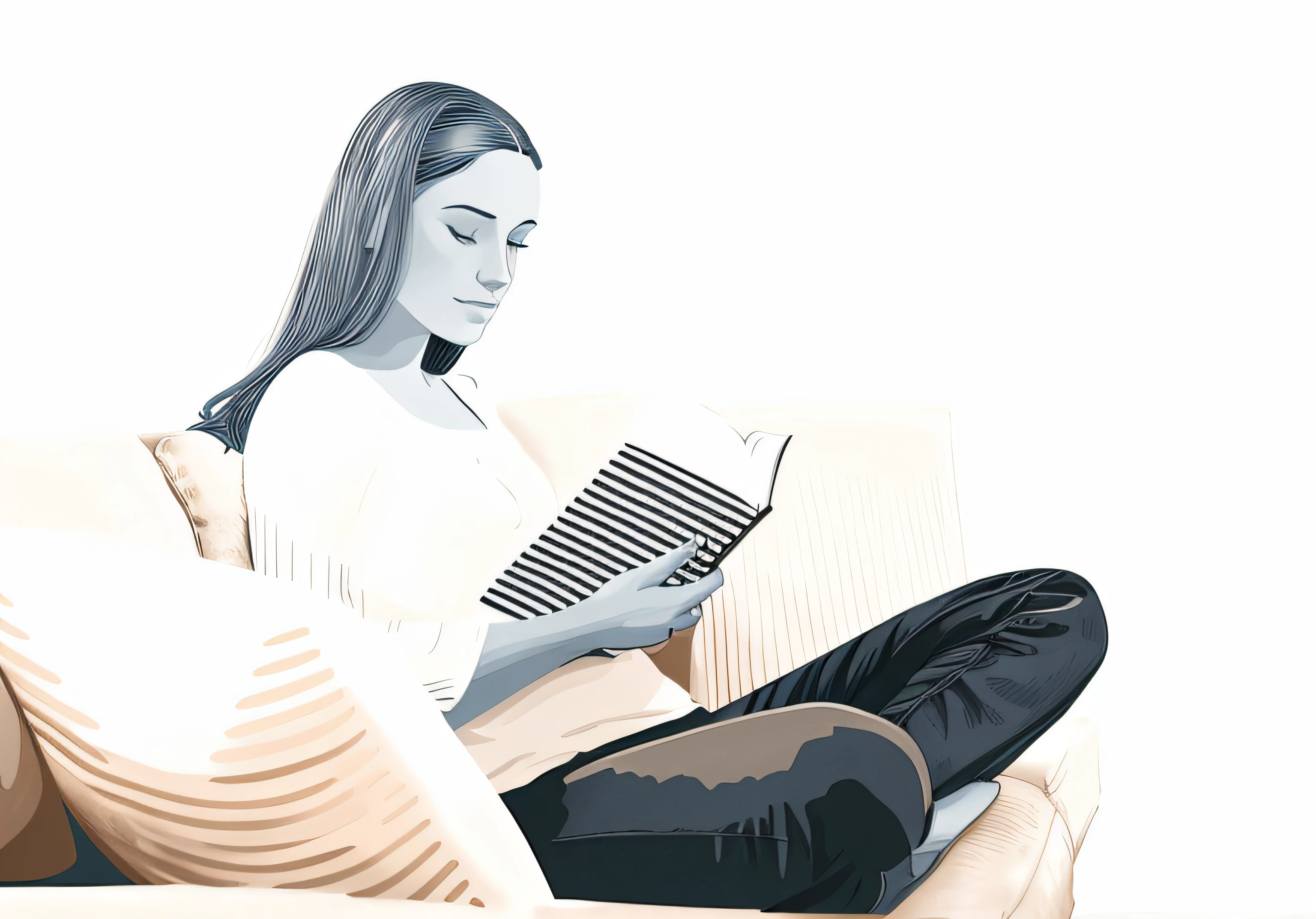 India ink washing style, detailed portrait shot, Woman sitting on a sofa with a comb and a book, livre portrait, Lire un nouveau livre, Lire un livre, lecture, La femme est assise, sitting on sofa, Illustration de livre, sitting on the sofa, pose dramatique du livre de lecture, Relax on a sofa, digital art of an elegant, Illustration sereine,