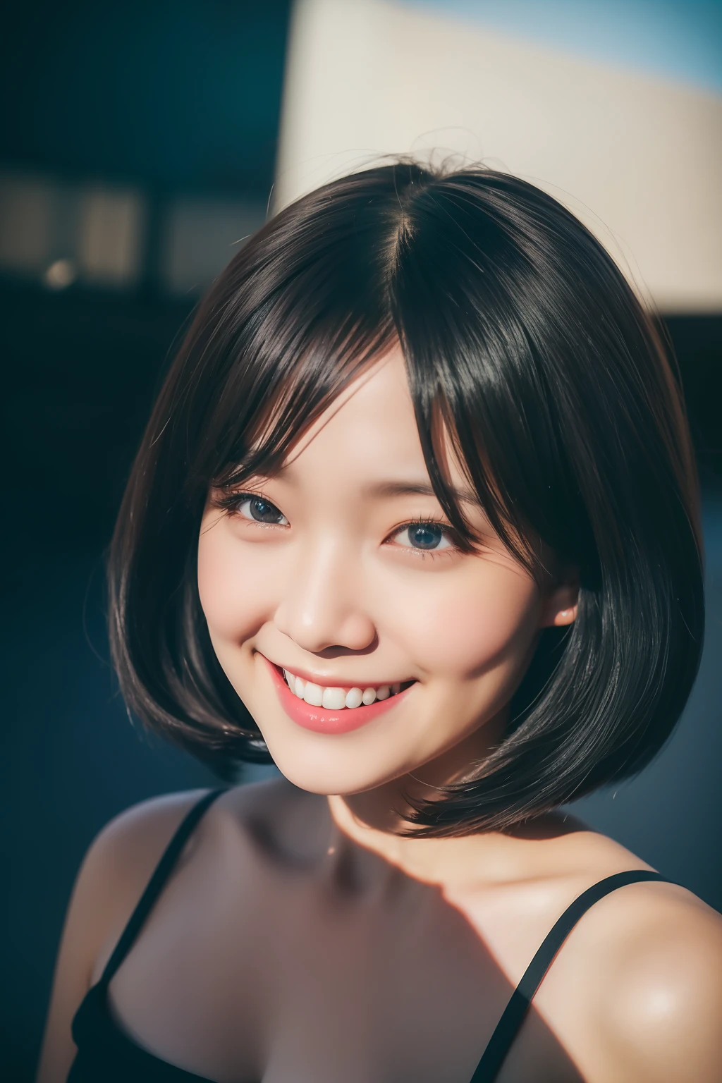black hair, hair bobbles, wince, longeyelashes, solid circle eyes, light smile, ear blush, Surrealism, drop shadow, anaglyph, stereogram, tachi-e, pov, atmospheric perspective, 8k, super detail, ccurate, best quality