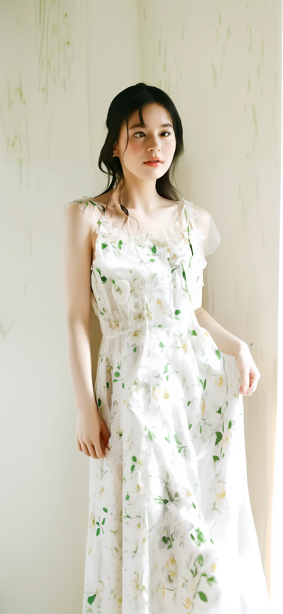 there is a woman standing in a room with a dress on, flowy, Summer, florals, sleepwear, frock, Very cute, nightgown, robe, white!!, Floral Dresses, Vintage atmosphere, Full length view, A flowing dress, dreamy style, airy, romantic dress, wearing a flowing sundress, Sheer, Vintage Glow