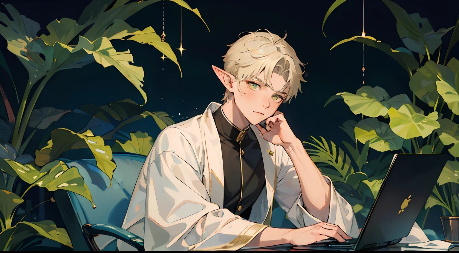 (AS-Young:1.7), (1boy:1.8), (male focus:1.2), (cute:1.7) solo, solo focus, masterpiece, ((exquisite_detail)), illustration, (handsome), extremely_detailed_CG, dark b londe hair, gold eyes, green, white, blush, golden robe, merchant, leaf, sitting in front of a stationary computer, looking at the viewer, turned around, cute boy with elf ears