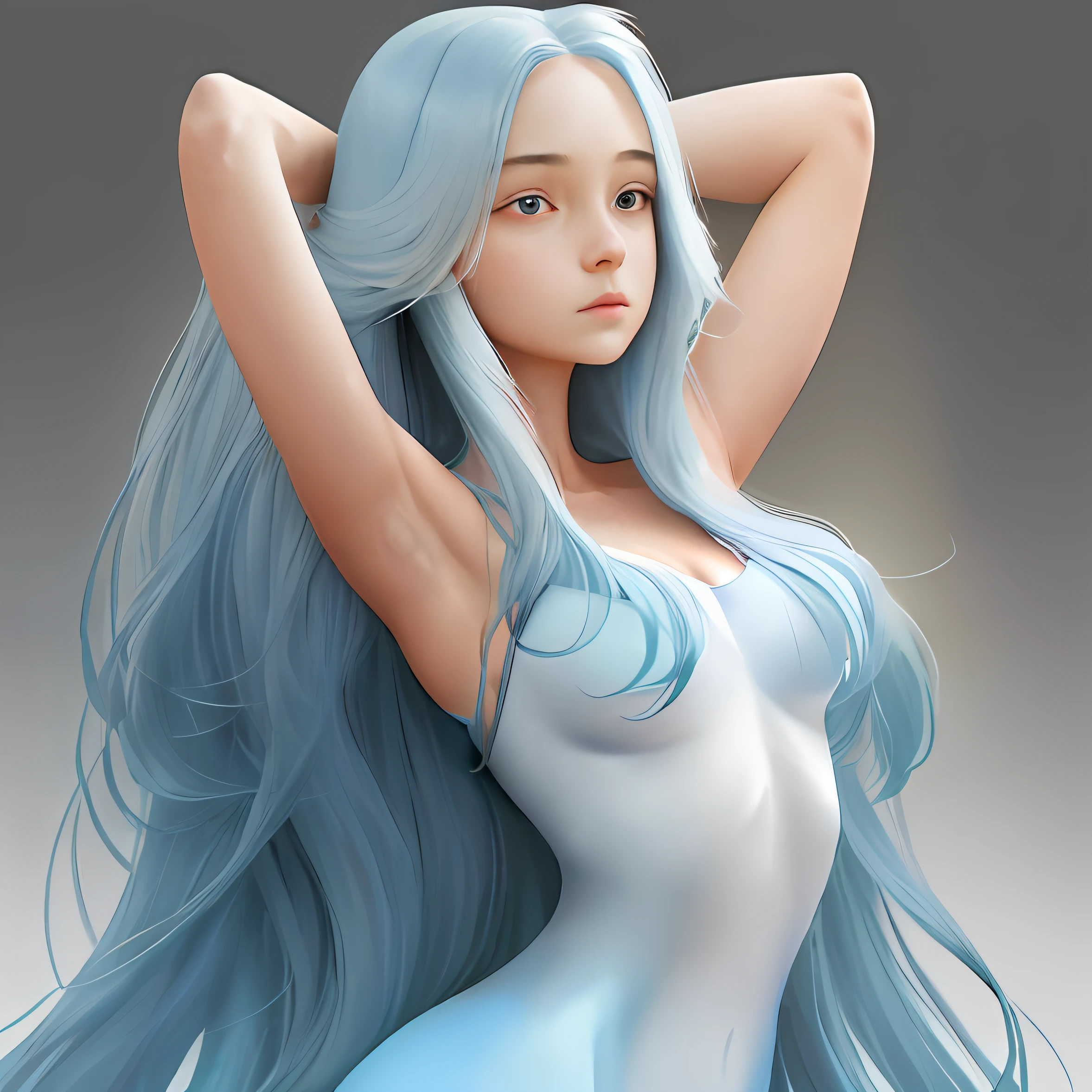 Girl with bare breasts powder blue gradient long hair quadratic