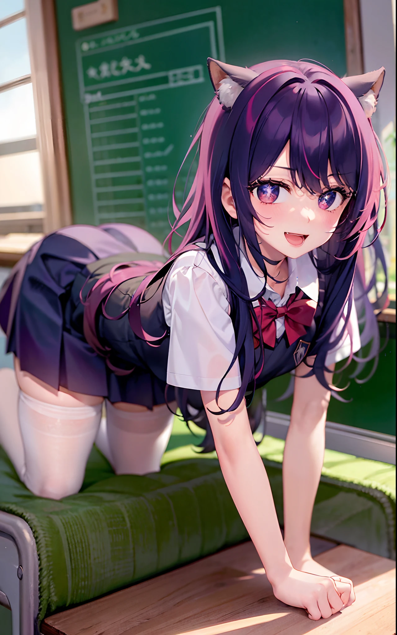 1girll，（（There is a five-pointed star in the eye））Gorgeous Hair in Long Purple，Smile，Open mouth，JK school uniform，Blushlush，Cat ears，sofe，‎Classroom，classroom desk，all  fours，white stockings，Be red in the face